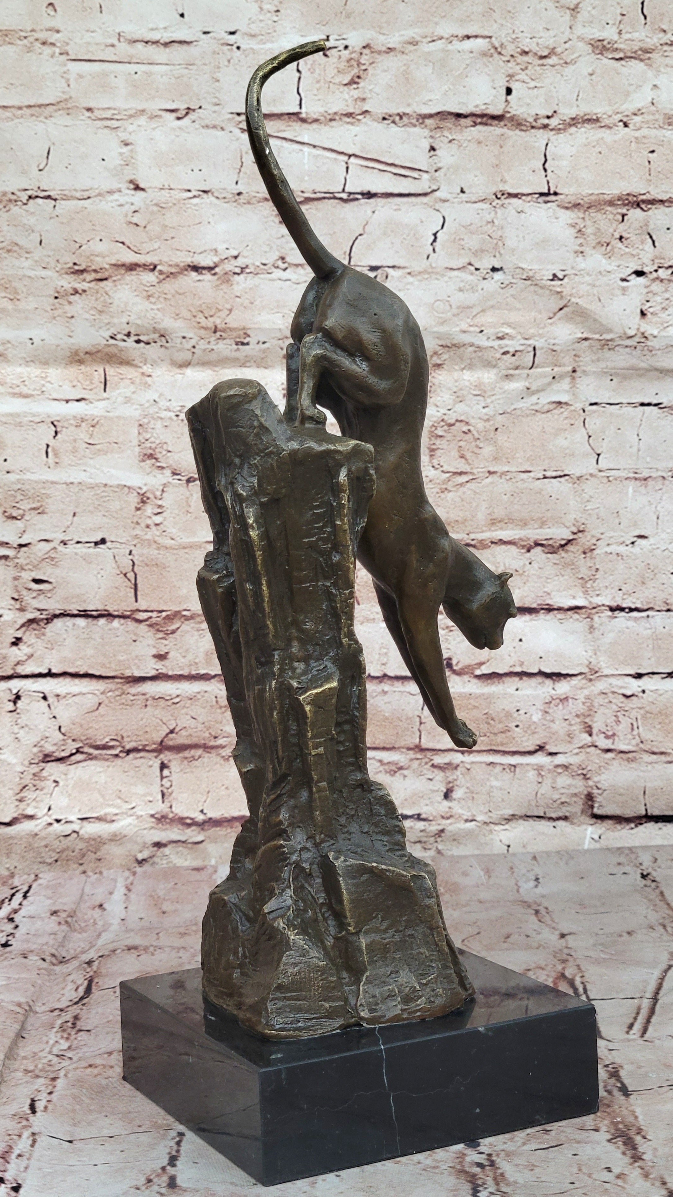 Bronze Mountain Lion Sculpture Cougar on Marble Base