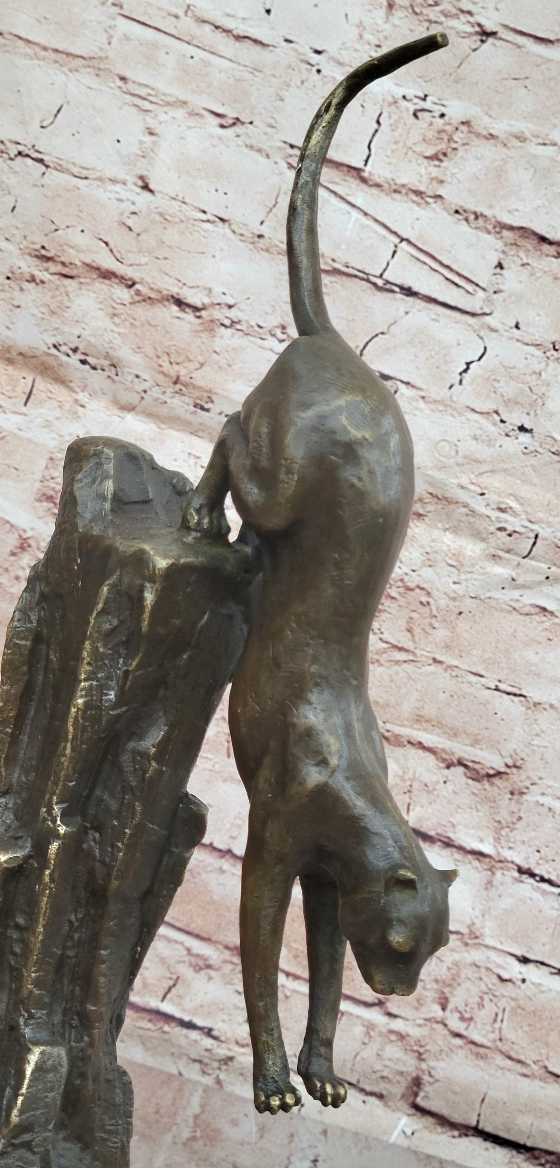 Bronze Mountain Lion Sculpture Cougar on Marble Base