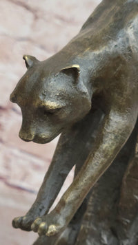 Bronze Mountain Lion Sculpture Cougar on Marble Base