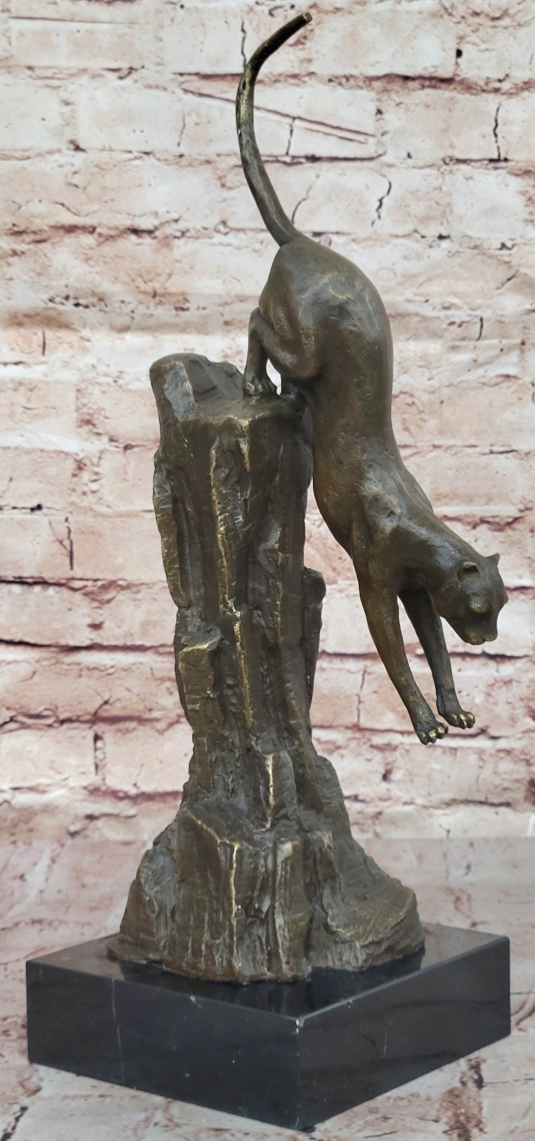 Bronze Mountain Lion Sculpture Cougar on Marble Base