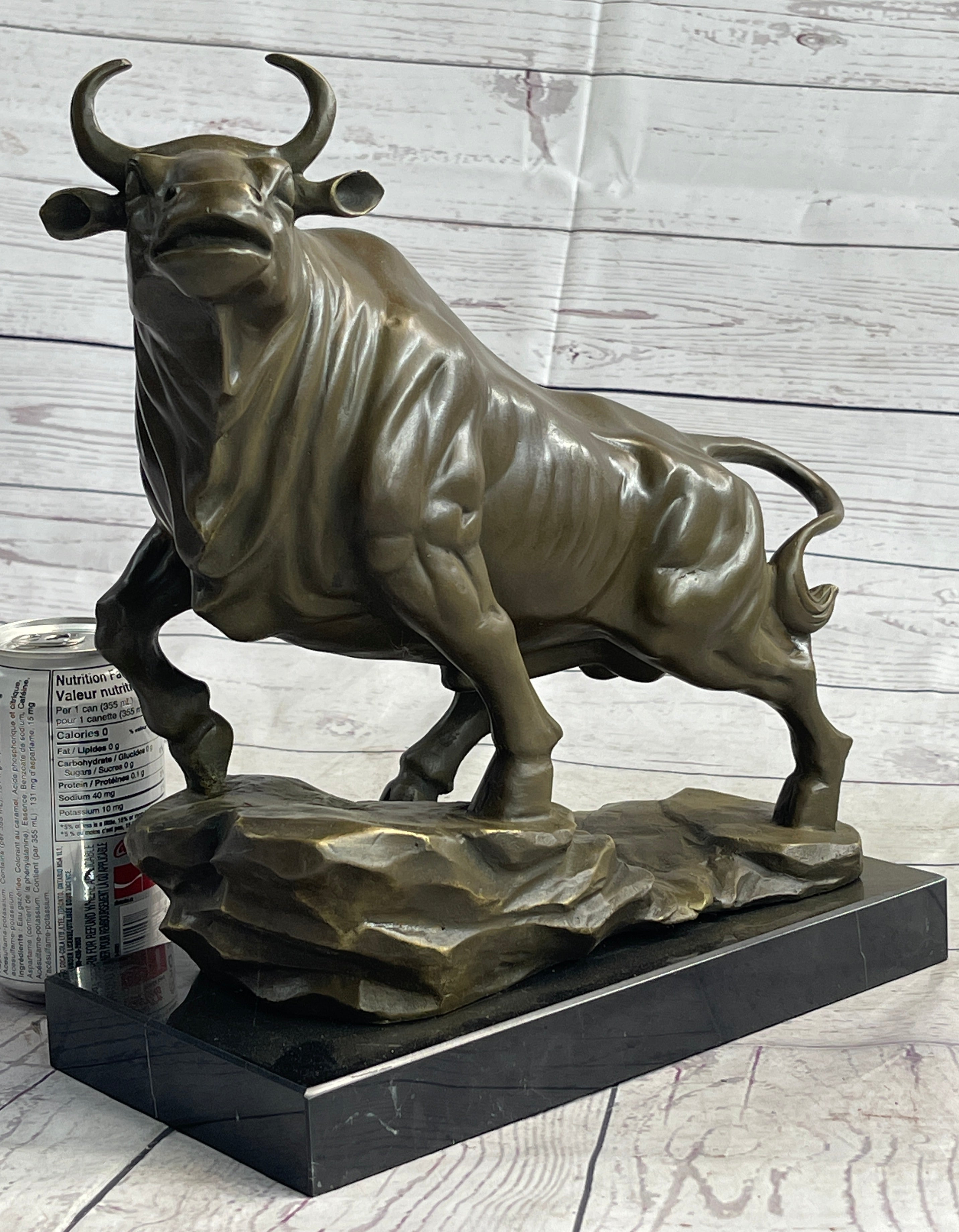 Upward Facing Bull Bronze Sculpture Marble Base 12" x 16"