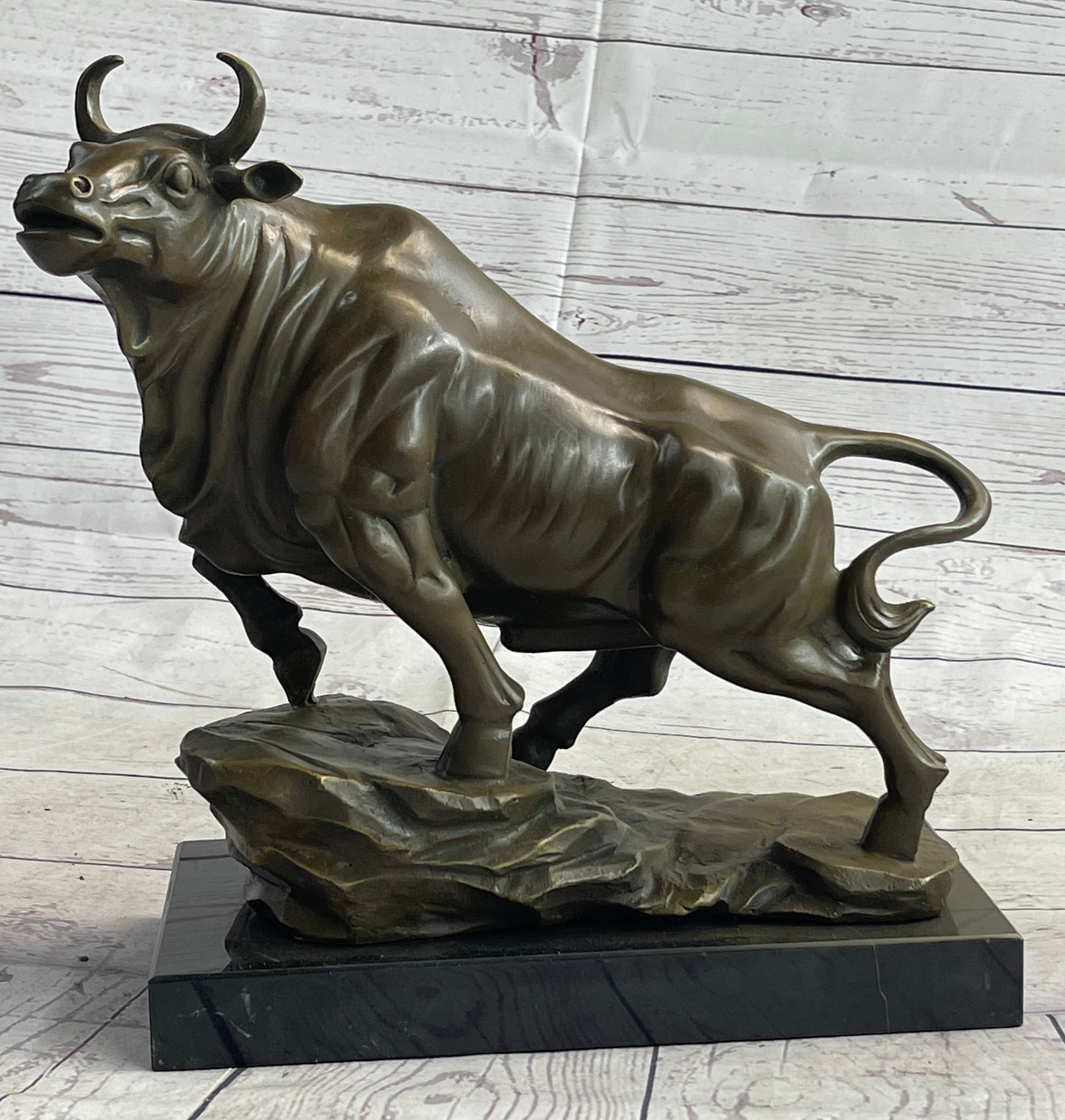 Upward Facing Bull Bronze Sculpture Marble Base 12" x 16"
