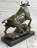 Upward Facing Bull Bronze Sculpture Marble Base 12" x 16"