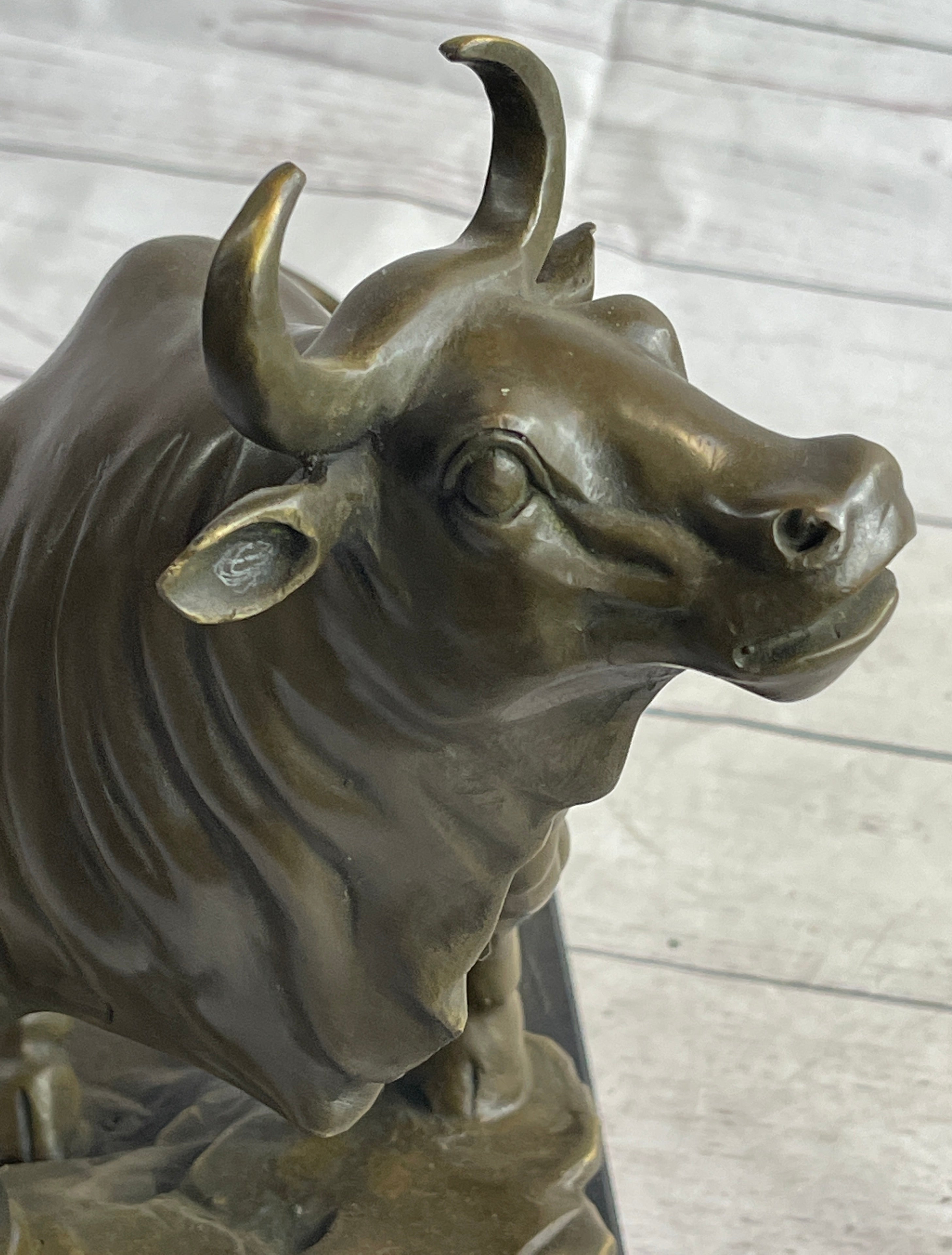 Upward Facing Bull Bronze Sculpture Marble Base 12" x 16"