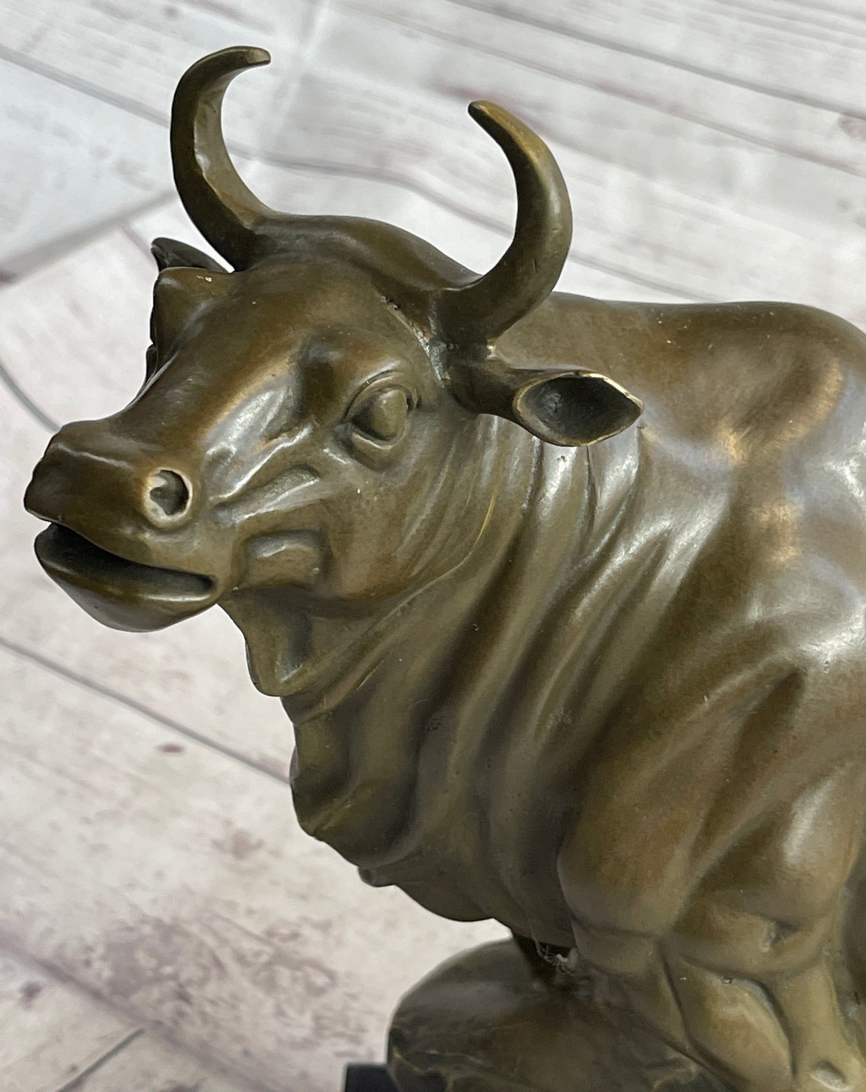 Upward Facing Bull Bronze Sculpture Marble Base 12" x 16"