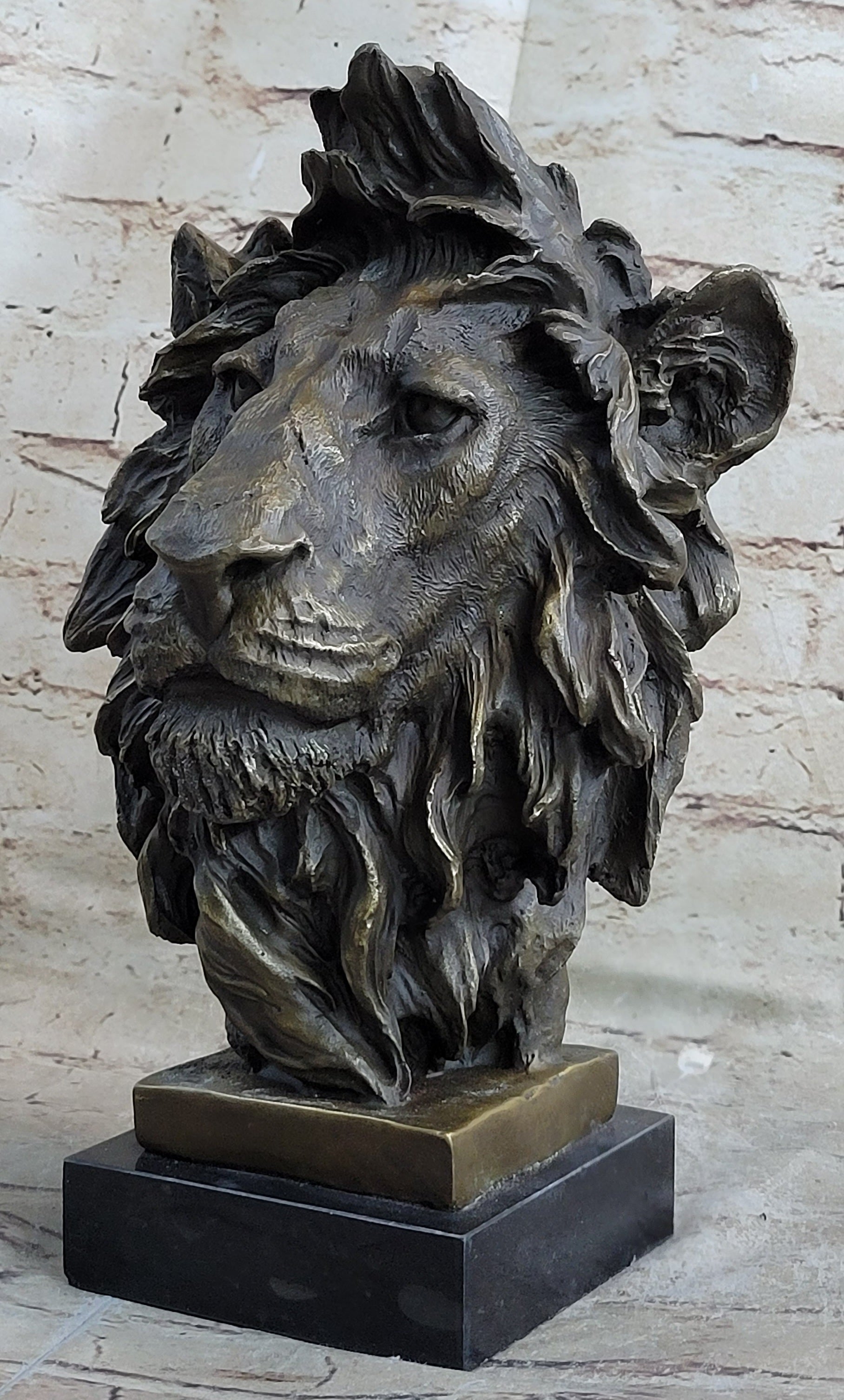 Hot Cast Bronze Male Lion Bust on Marble Base