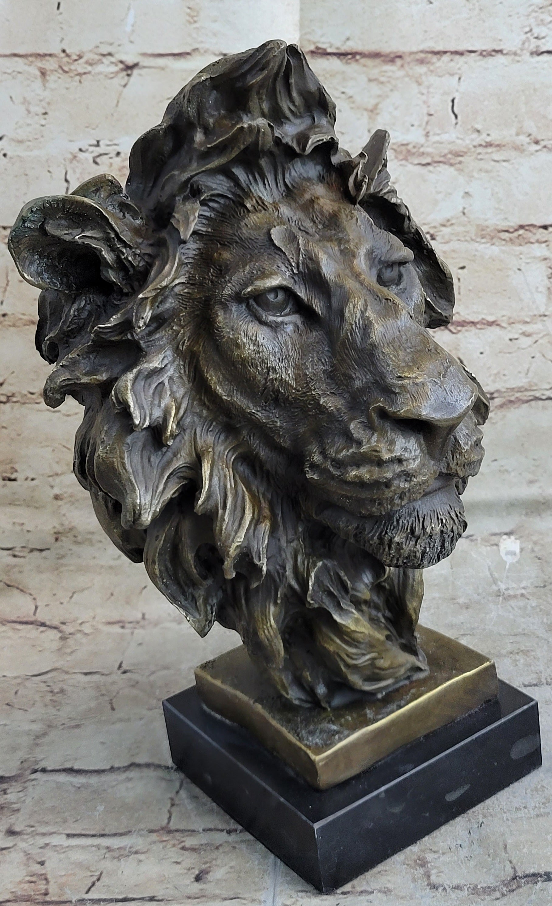 Hot Cast Bronze Male Lion Bust on Marble Base