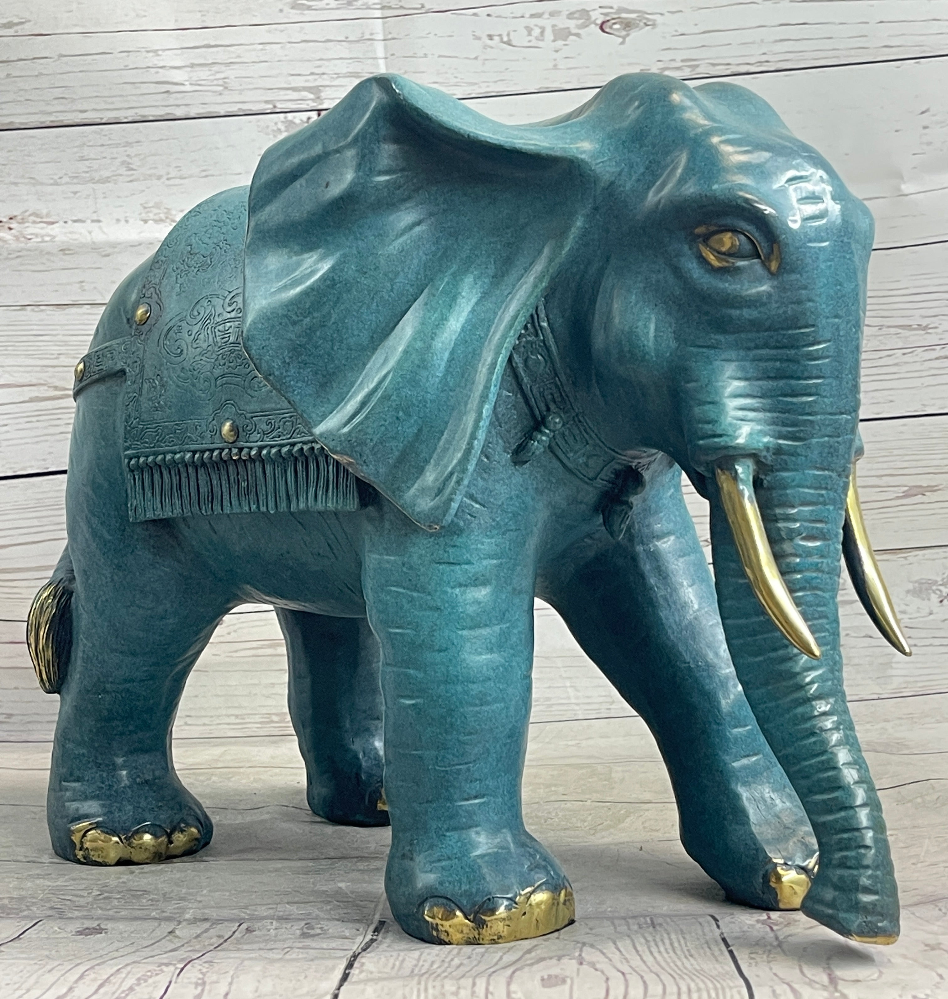 Green Blue Elephant Bronze Sculpture Signed Art
