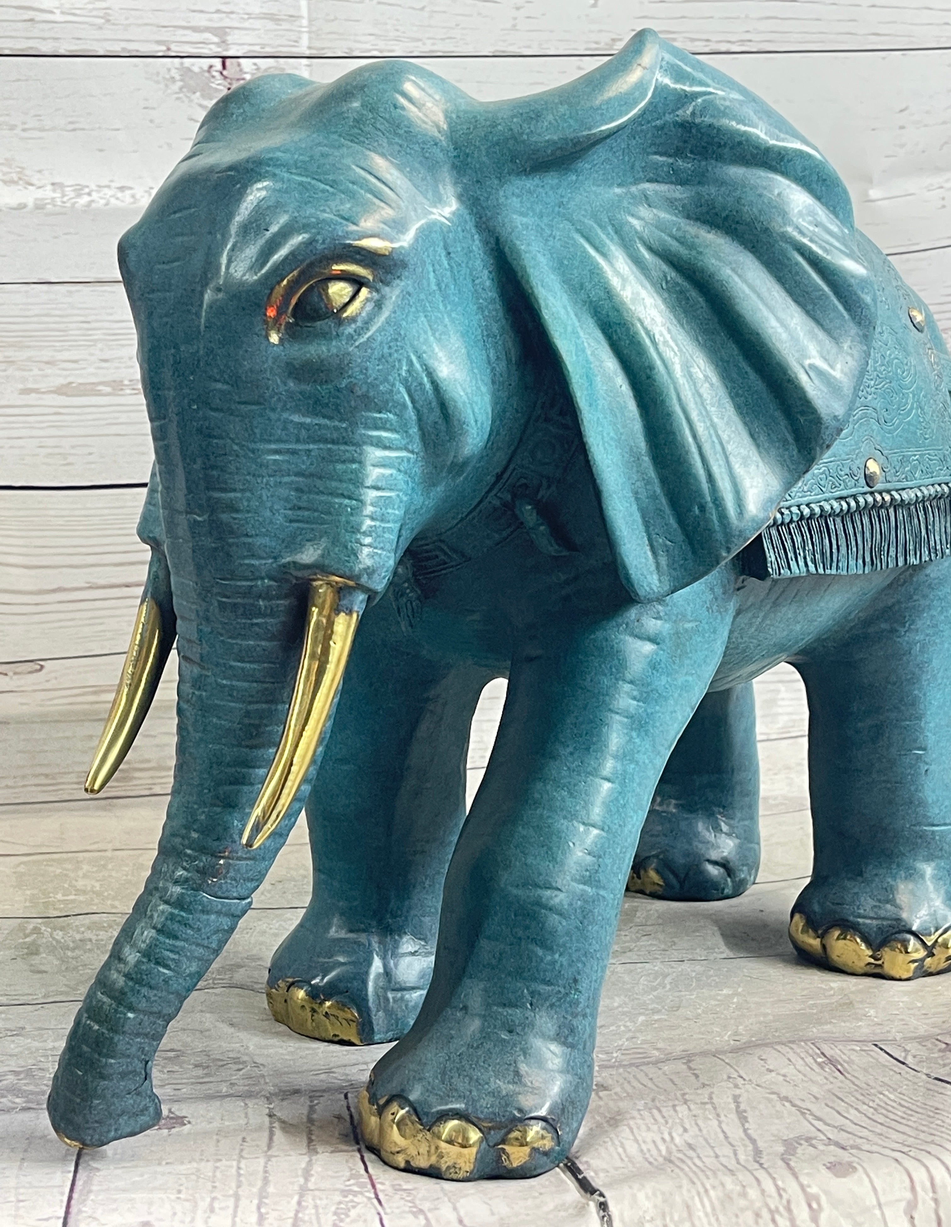 Green Blue Elephant Bronze Sculpture Signed Art