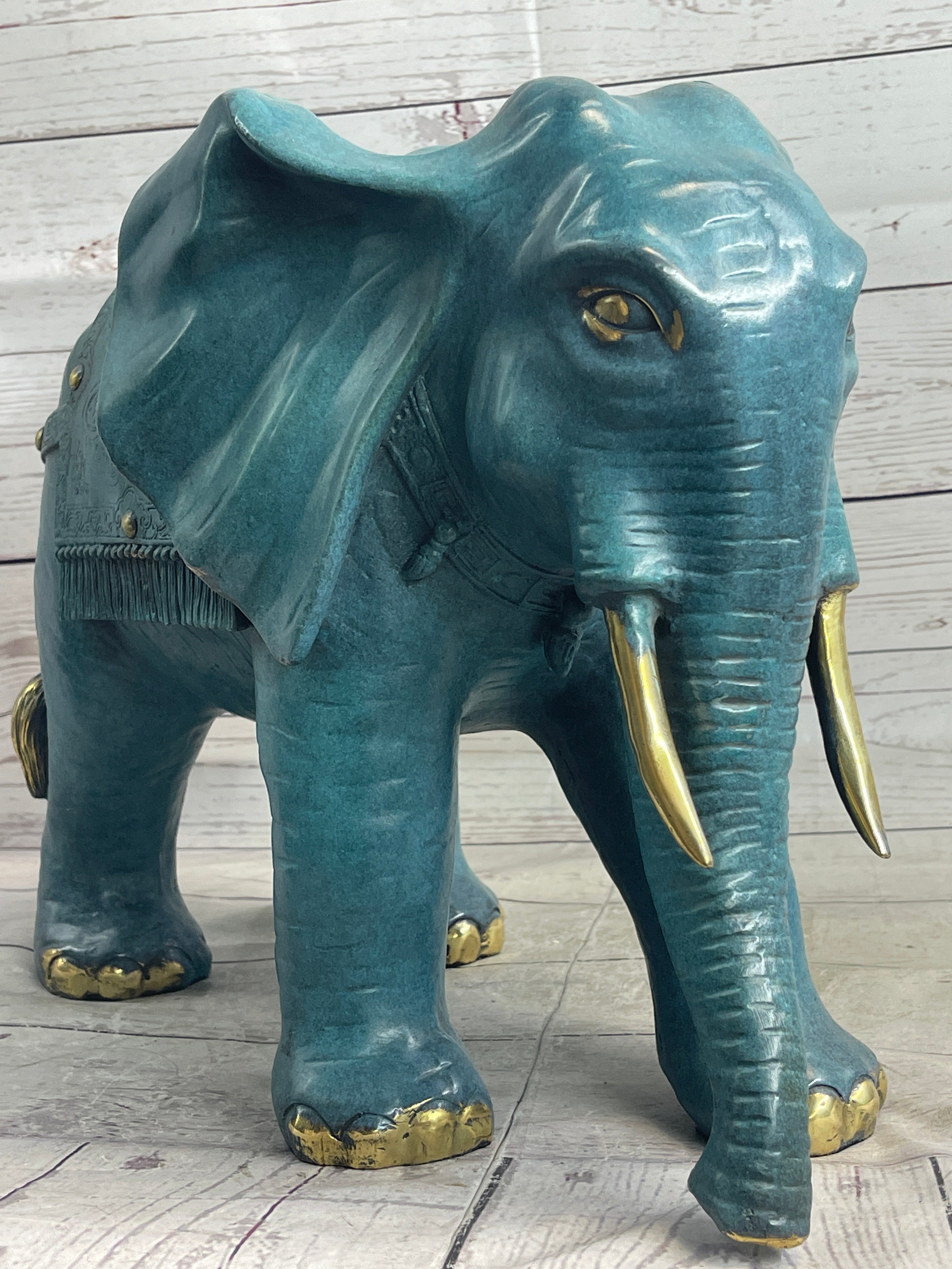 Green Blue Elephant Bronze Sculpture Signed Art