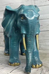 Green Blue Elephant Bronze Sculpture Signed Art