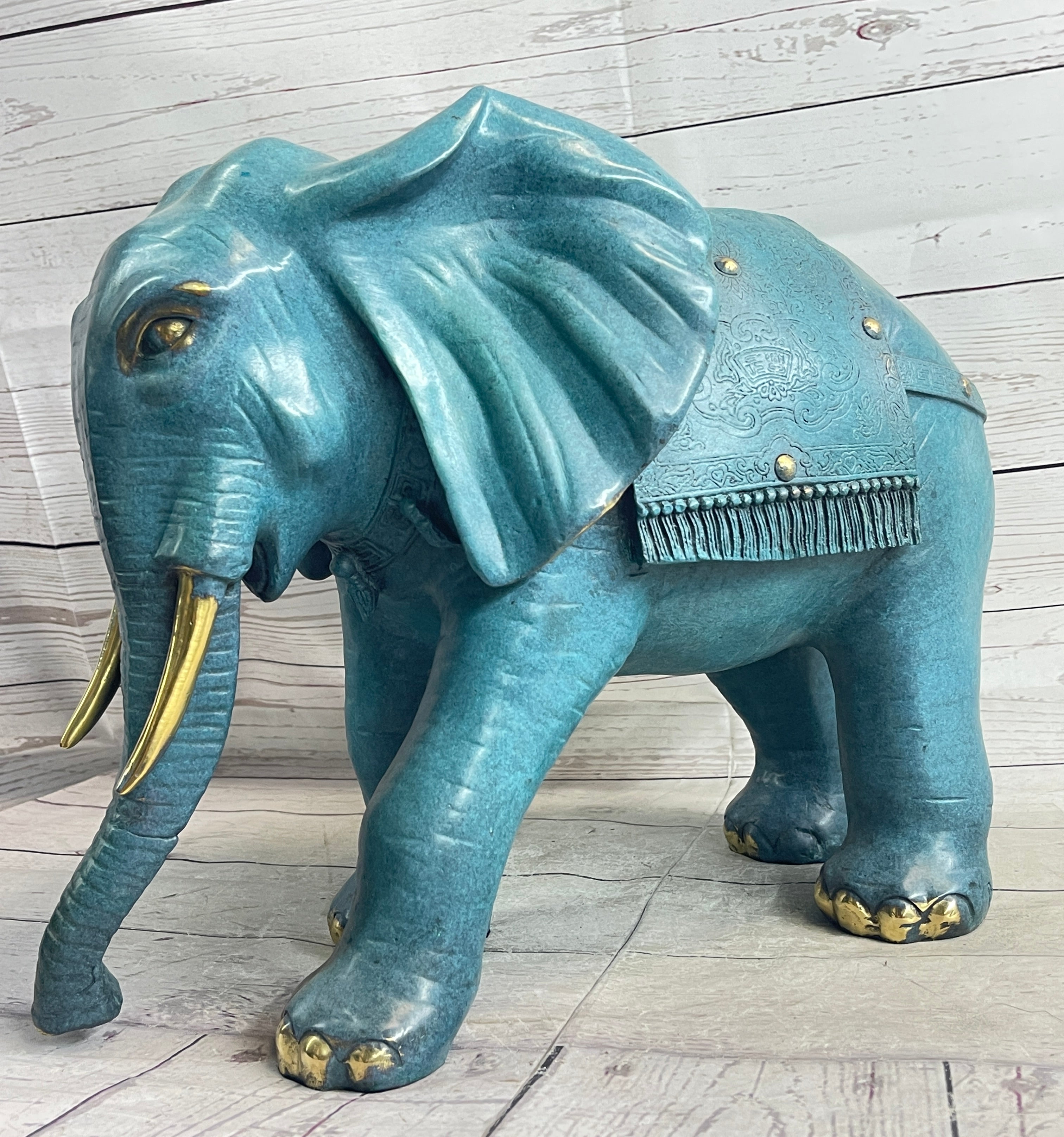 Green Blue Elephant Bronze Sculpture Signed Art