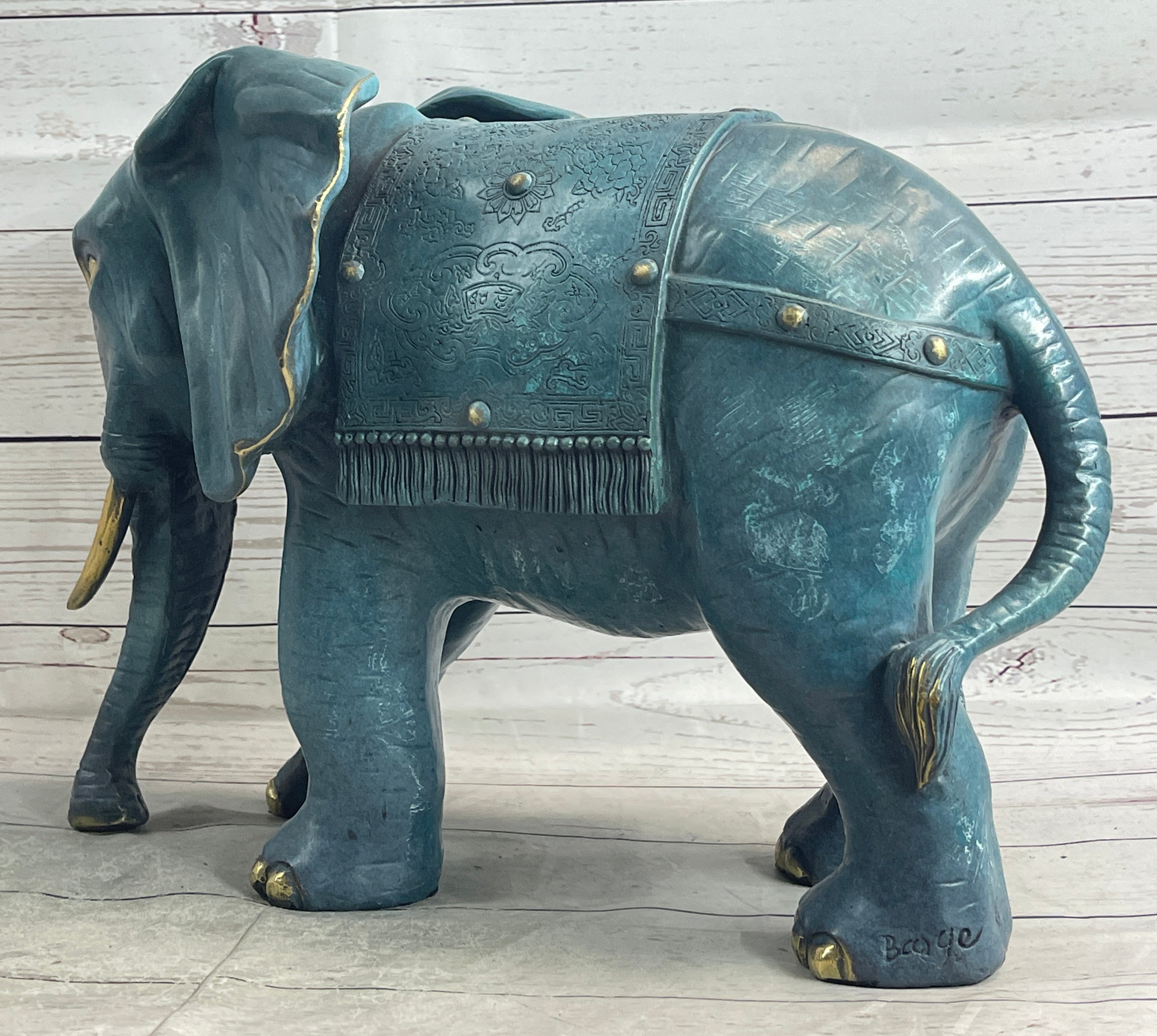 Extra Large Wildlife Elephant by Barye Green Patina Bronze