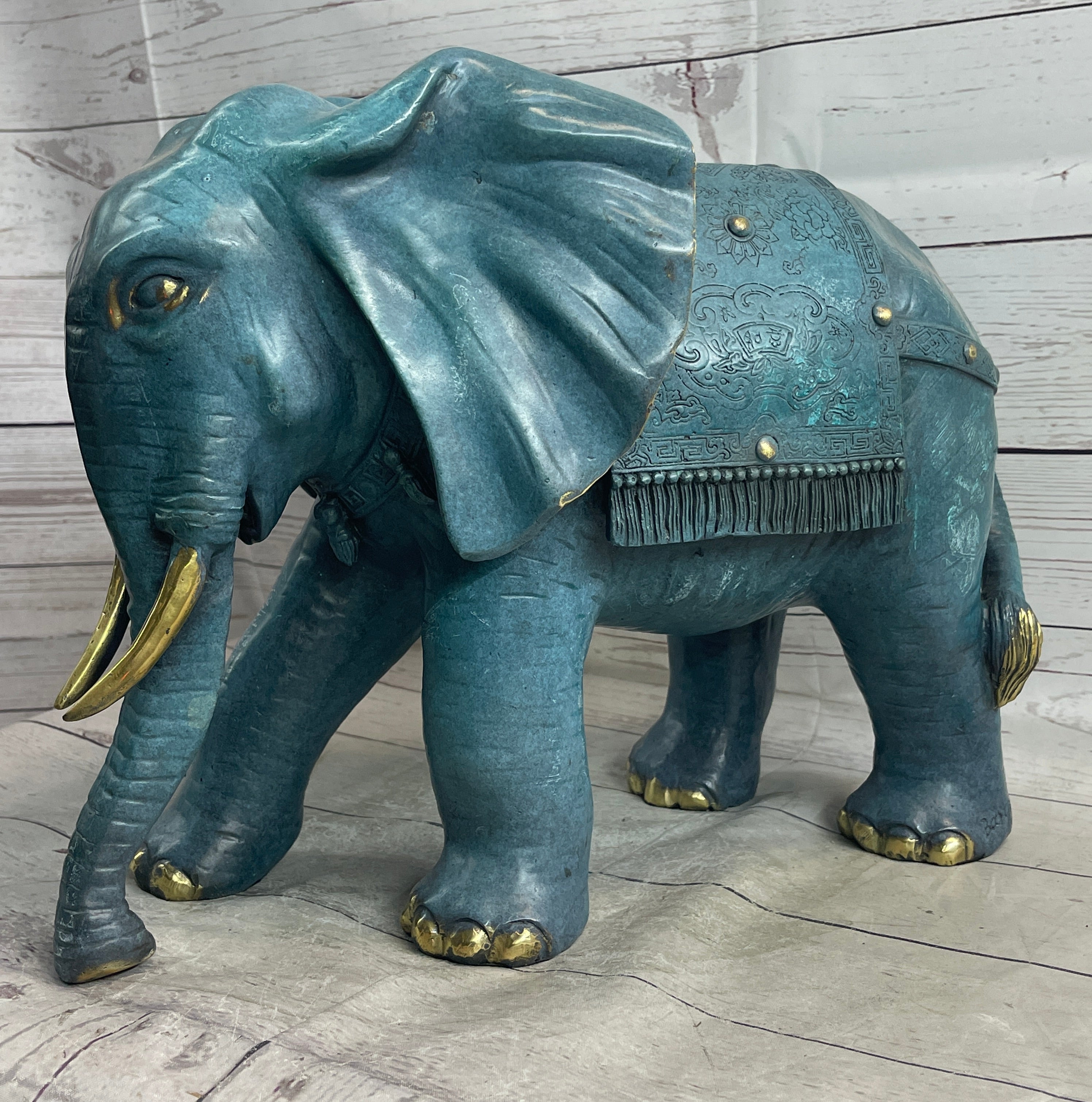 Extra Large Wildlife Elephant by Barye Green Patina Bronze