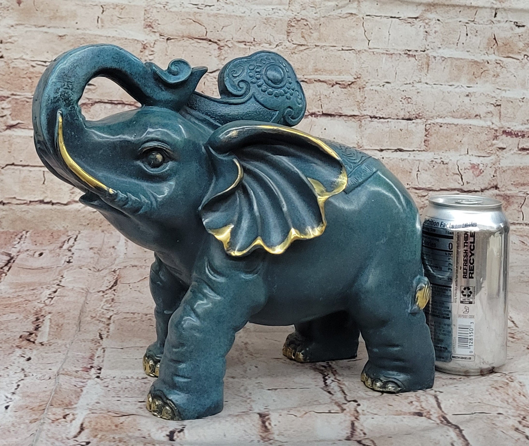 Bronze Elephant Sculpture with Trunk Up and Gold Accents