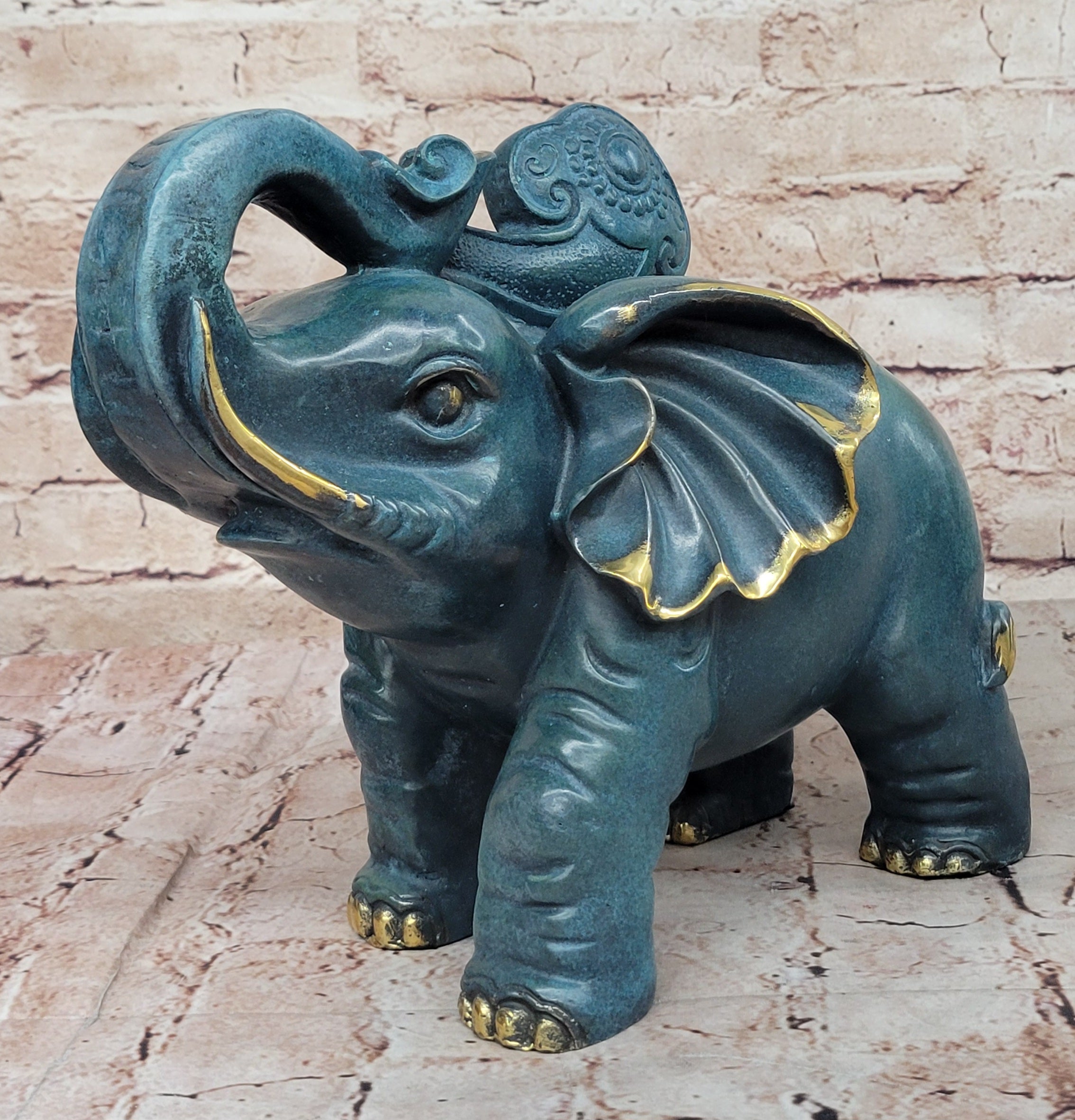 Bronze Elephant Sculpture with Trunk Up and Gold Accents