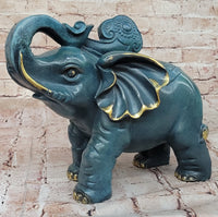Bronze Elephant Sculpture with Trunk Up and Gold Accents