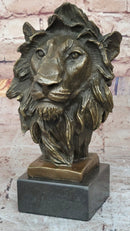 Male Lion Bronze Bust on Black Marble Base Signed Barye 9" x 4"