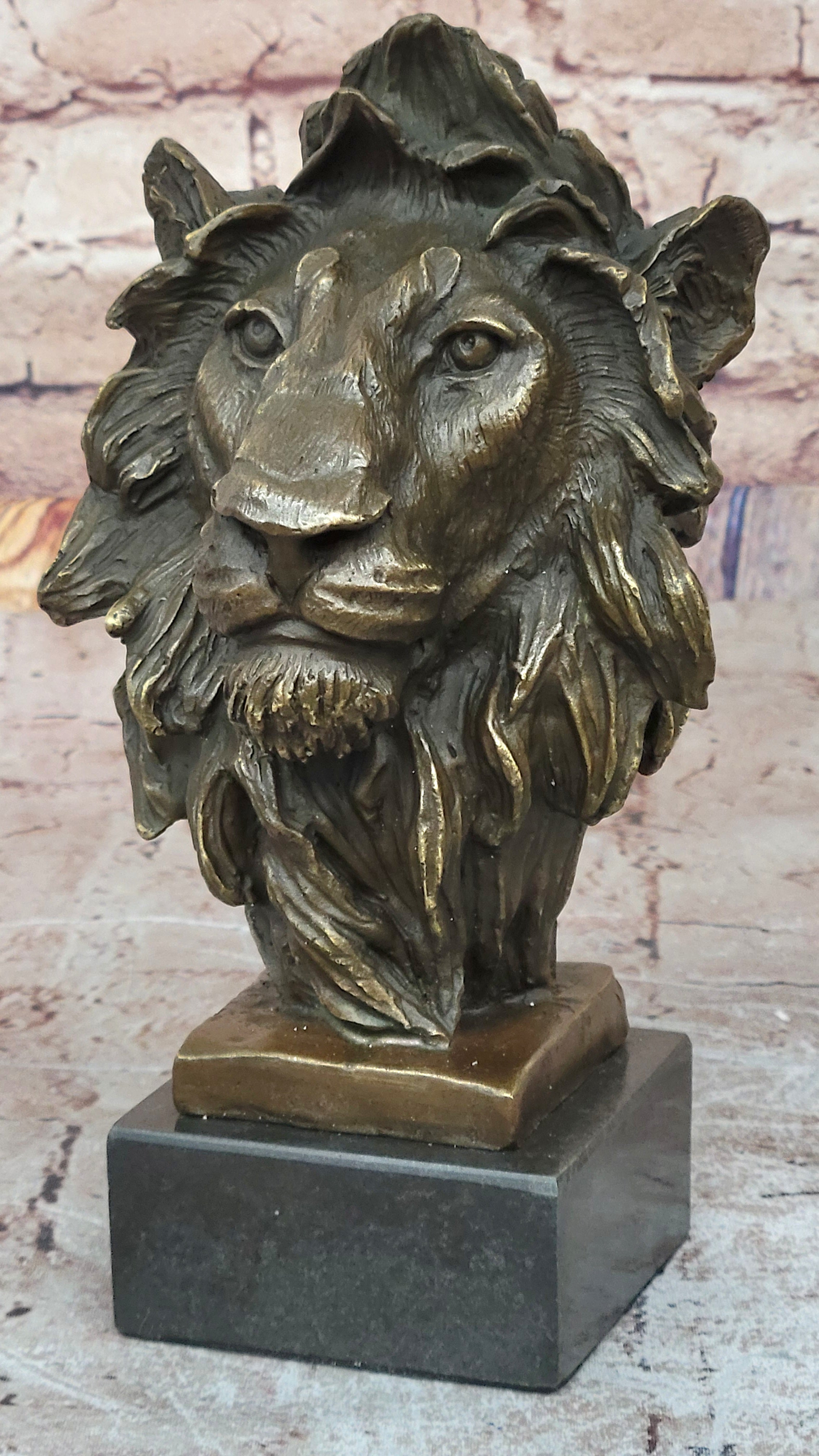 Male Lion Bronze Bust on Black Marble Base Signed Barye 9" x 4"
