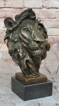 Male Lion Bronze Bust on Black Marble Base Signed Barye 9" x 4"