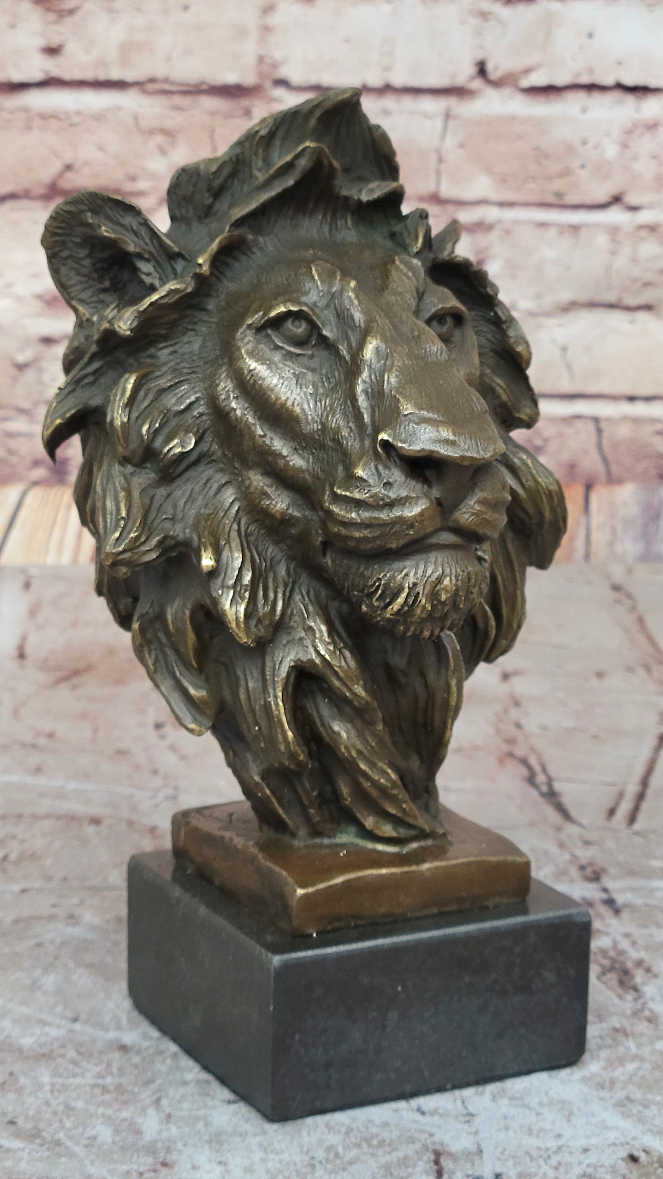 Male Lion Bronze Bust on Black Marble Base Signed Barye 9" x 4"