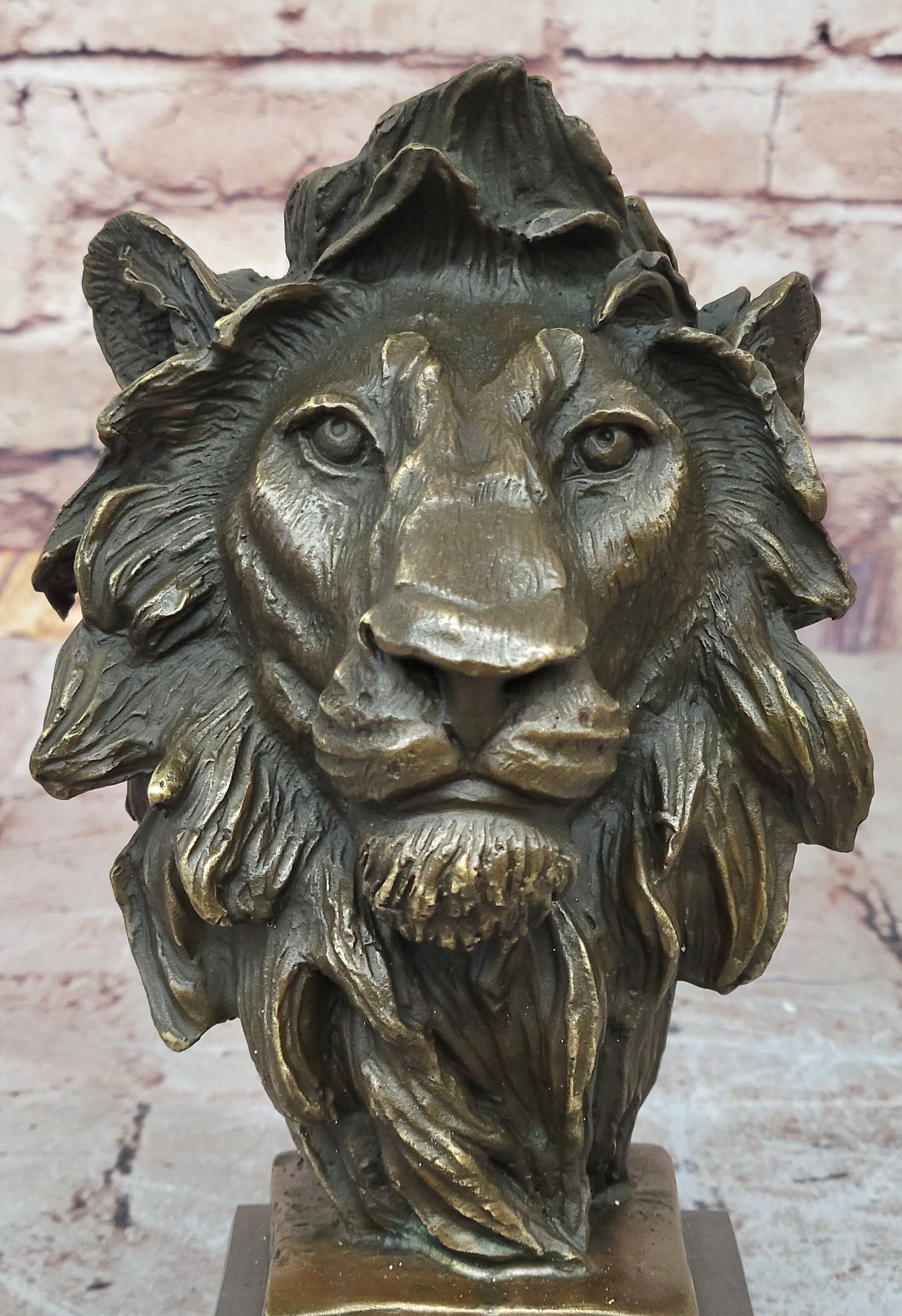 Male Lion Bronze Bust on Black Marble Base Signed Barye 9" x 4"