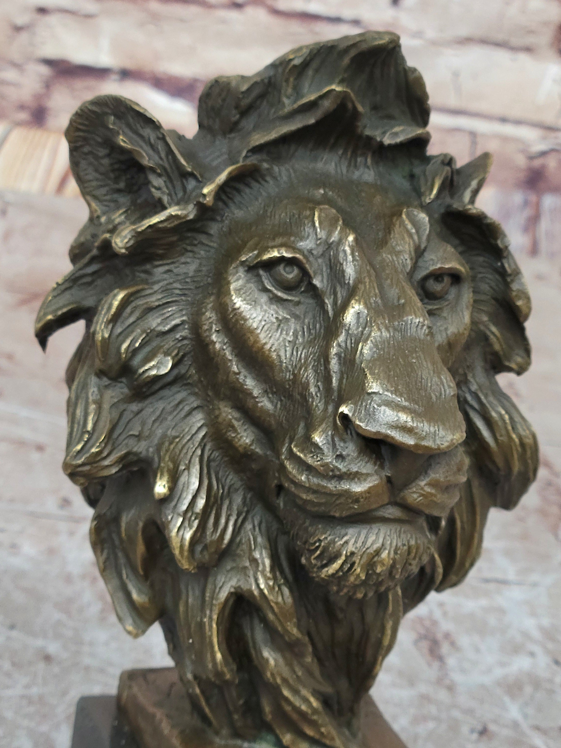 Male Lion Bronze Bust on Black Marble Base Signed Barye 9" x 4"