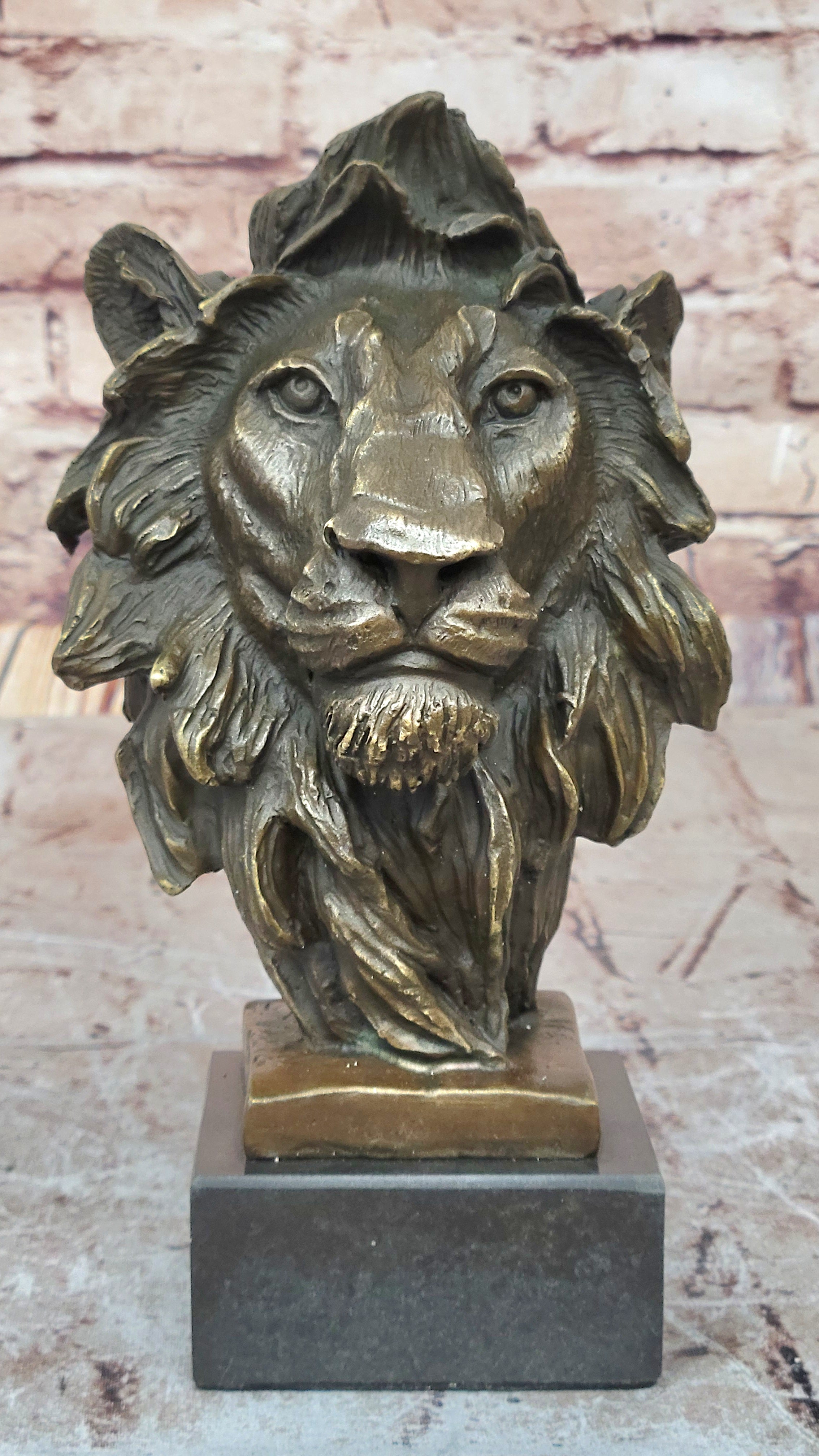 Male Lion Bronze Bust on Black Marble Base Signed Barye 9" x 4"