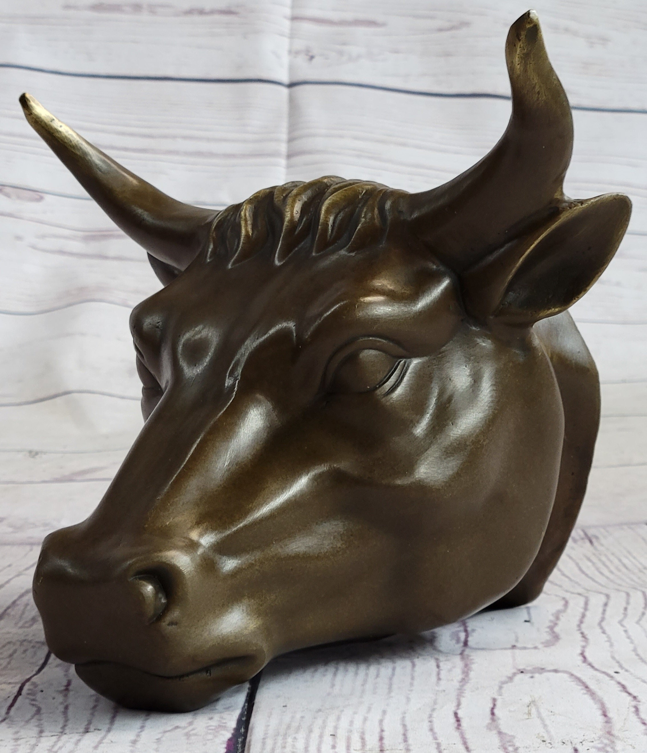 Wall Mounted Bull Head Bust Bronze Sculpture Signed 6.5" x 7.5"