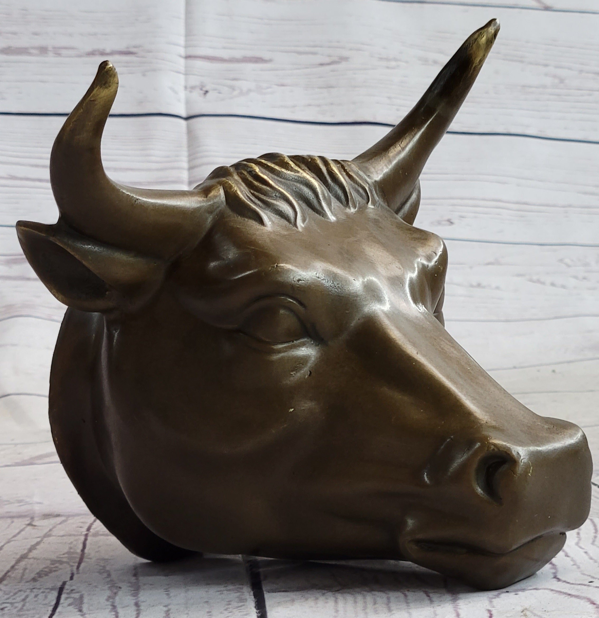 Wall Mounted Bull Head Bust Bronze Sculpture Signed 6.5" x 7.5"