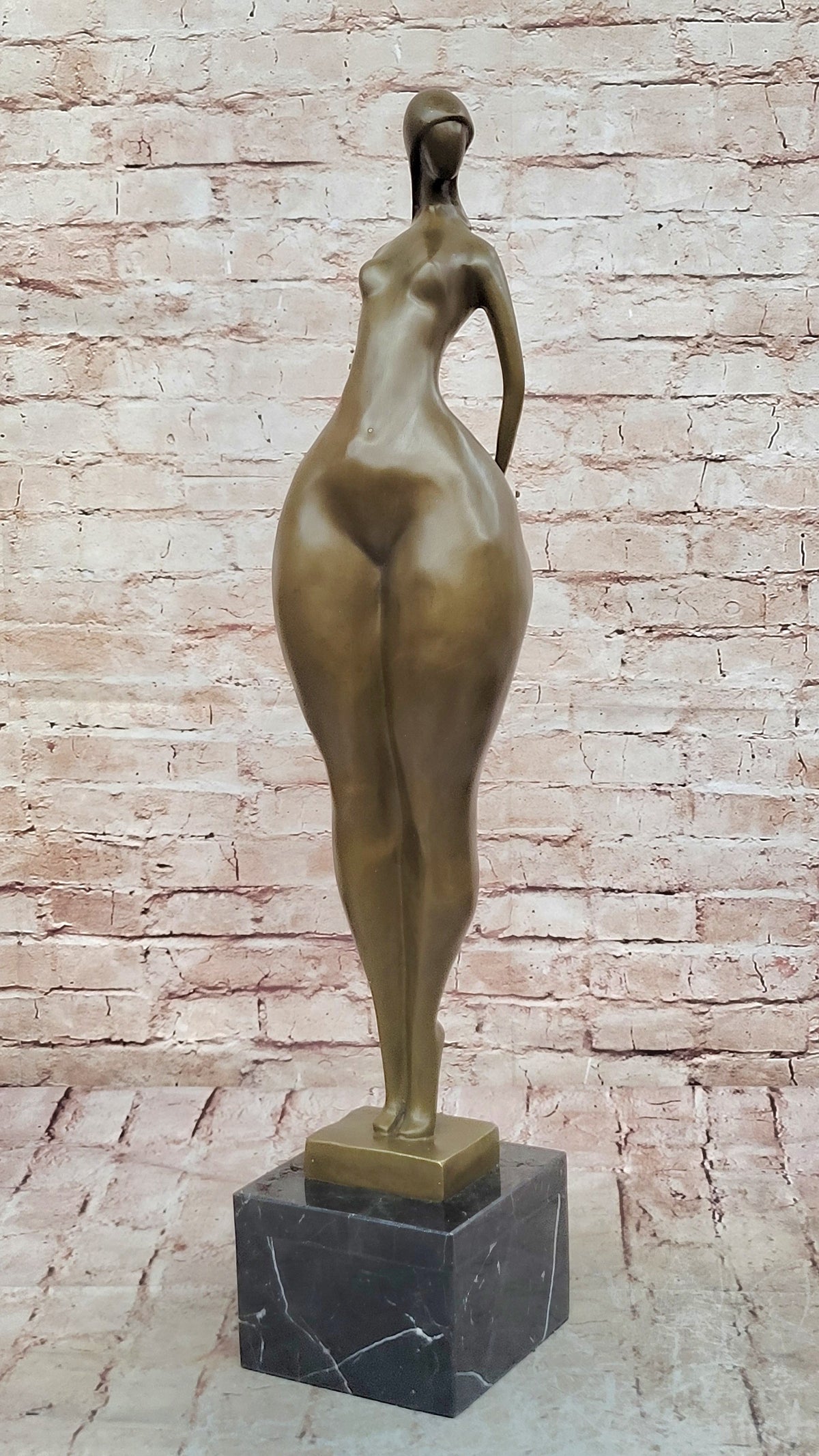 Abstract Bronze Female Sculpture – Modern Nude Woman on Marble Base