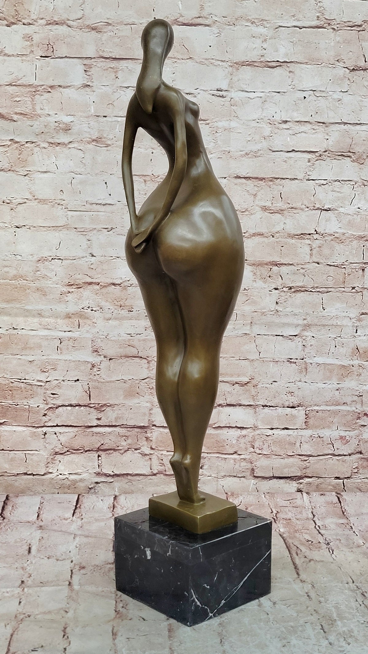 Abstract Bronze Female Sculpture – Modern Nude Woman on Marble Base