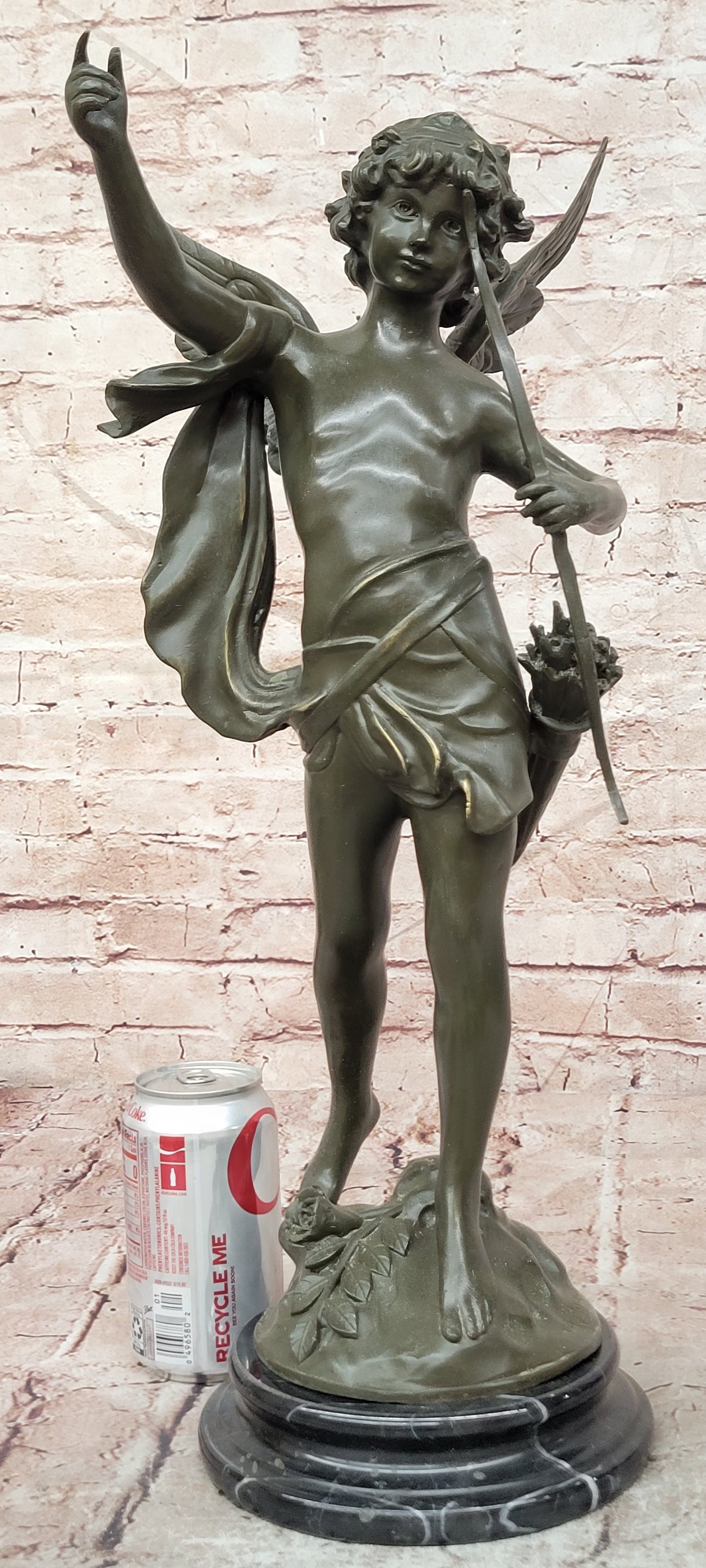 God of love Cupid Angel  with Bow and Arrow Statue Signed Moreau Bronze Sculpture
