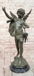God of love Cupid Angel  with Bow and Arrow Statue Signed Moreau Bronze Sculpture