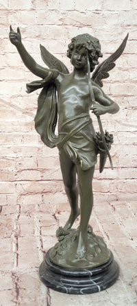 God of love Cupid Angel  with Bow and Arrow Statue Signed Moreau Bronze Sculpture