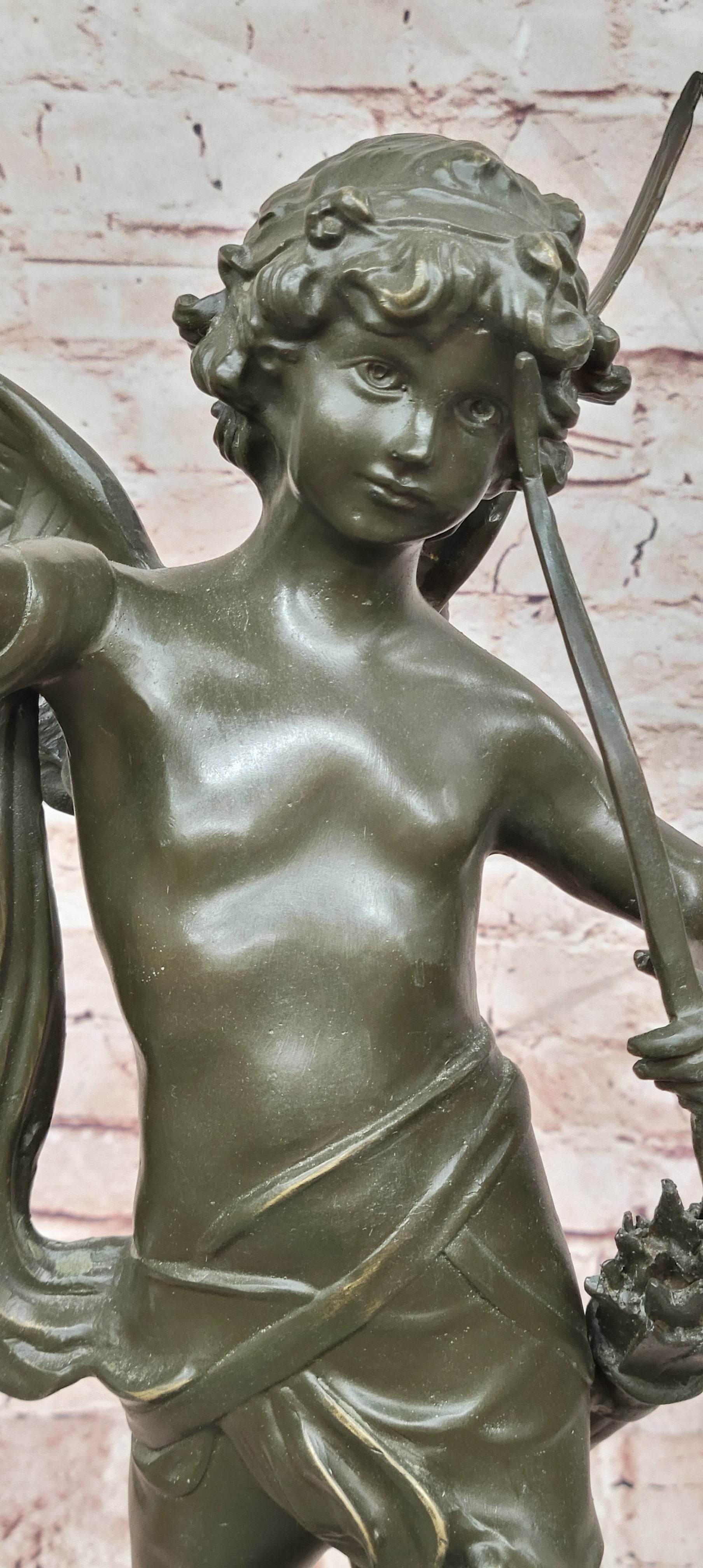 God of love Cupid Angel  with Bow and Arrow Statue Signed Moreau Bronze Sculpture