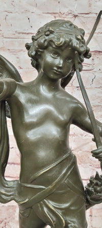 God of love Cupid Angel  with Bow and Arrow Statue Signed Moreau Bronze Sculpture