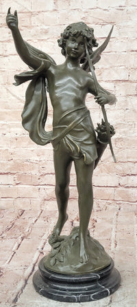 God of love Cupid Angel  with Bow and Arrow Statue Signed Moreau Bronze Sculpture