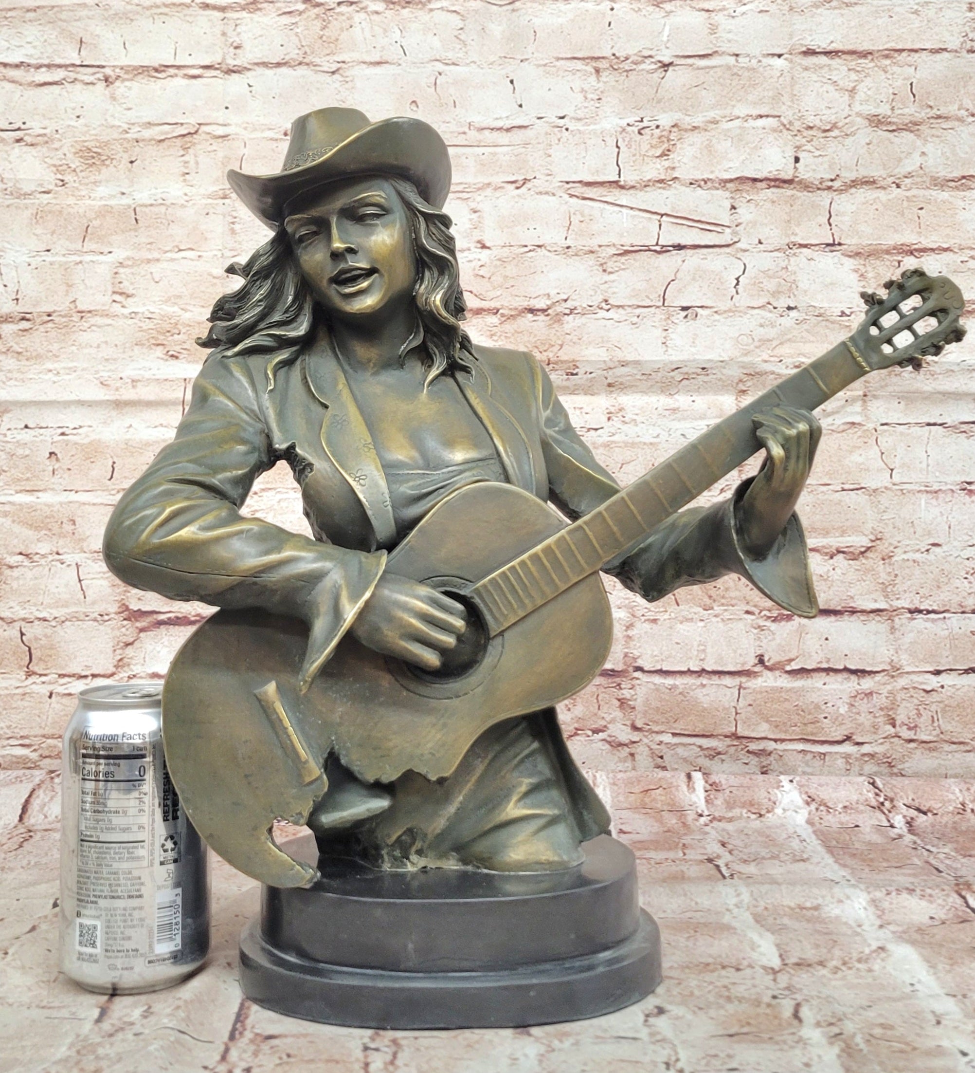 Bronze Country Singer Musician Bust - Cowgirl Guitar Sculpture