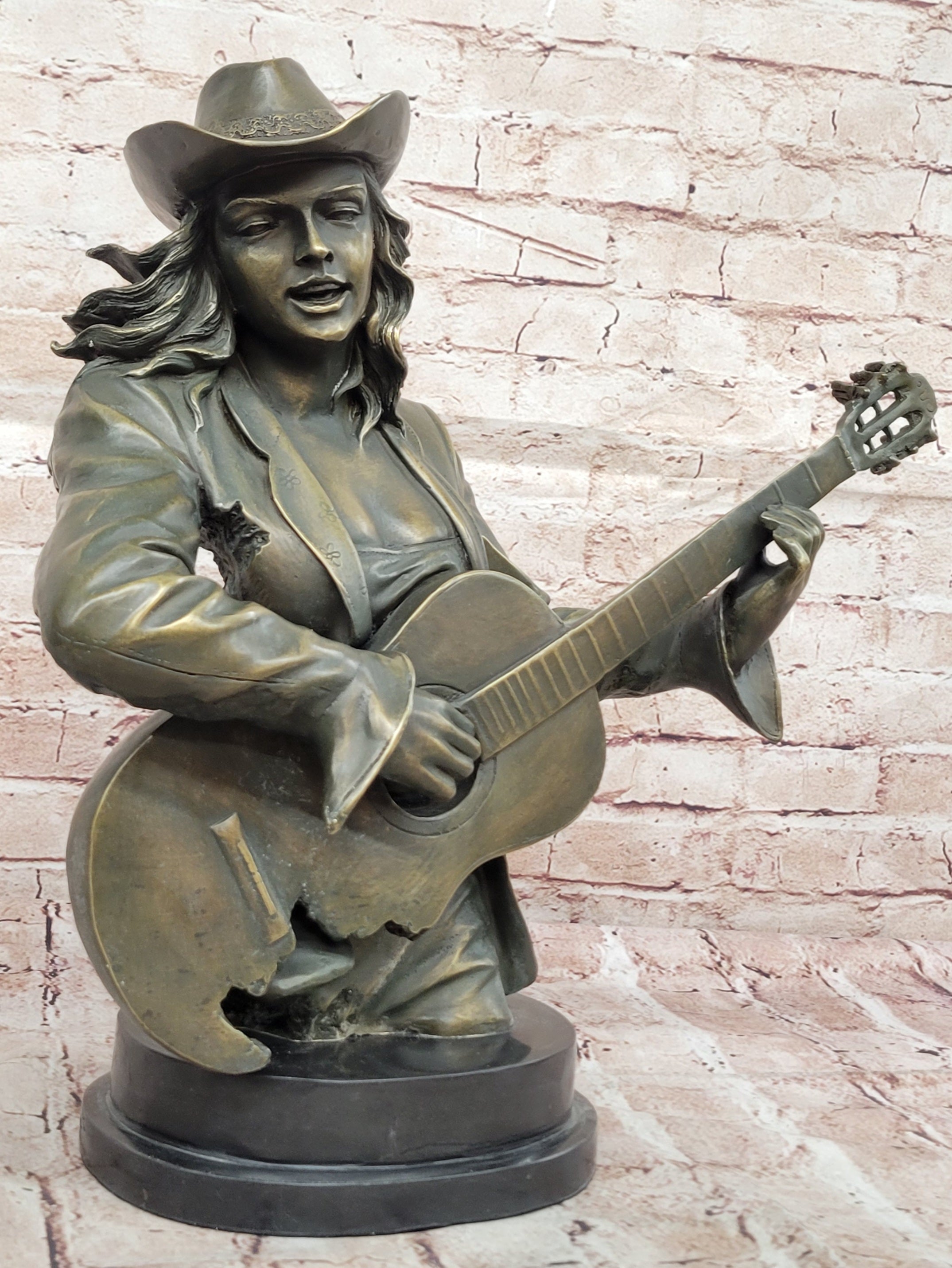 Bronze Country Singer Musician Bust - Cowgirl Guitar Sculpture