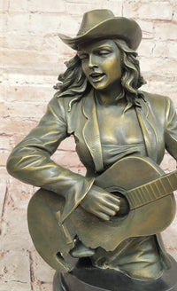 Bronze Country Singer Musician Bust - Cowgirl Guitar Sculpture