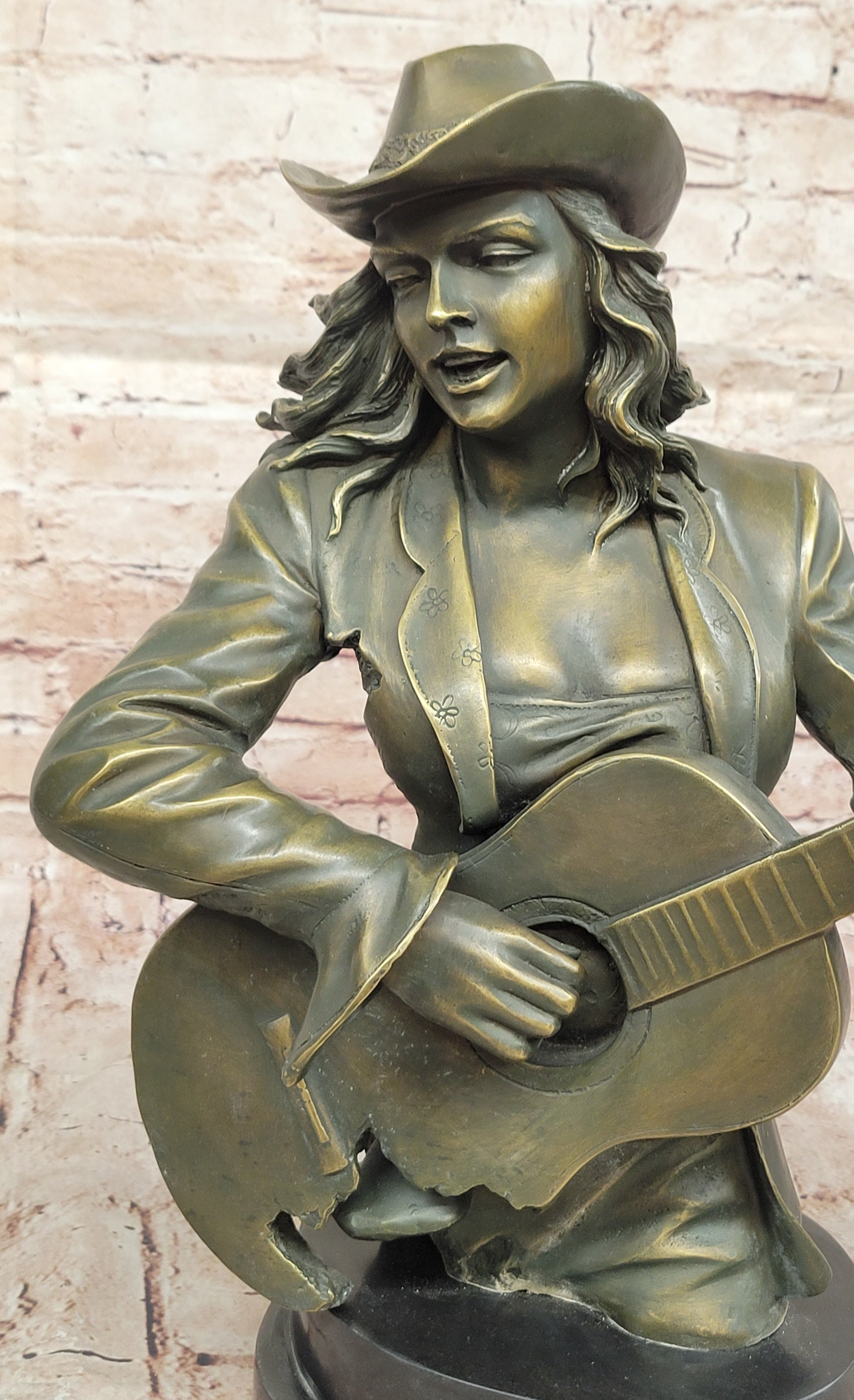 Bronze Country Singer Musician Bust - Cowgirl Guitar Sculpture