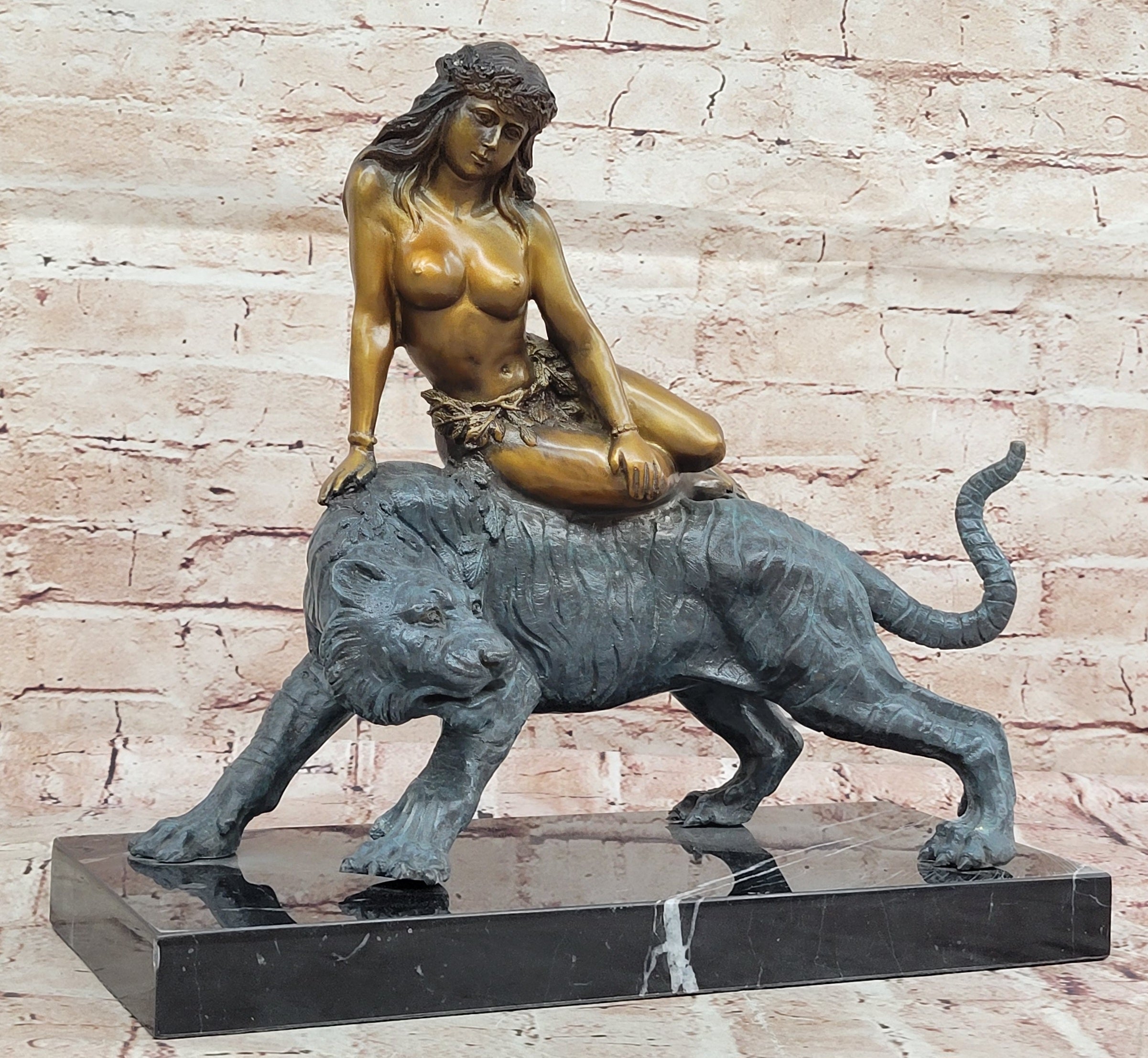 Bronze Jungle Girl Reclining on Tiger - Art Deco