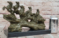 Eight Galloping Horses Bronze Sculpture Signed M. Lopez
