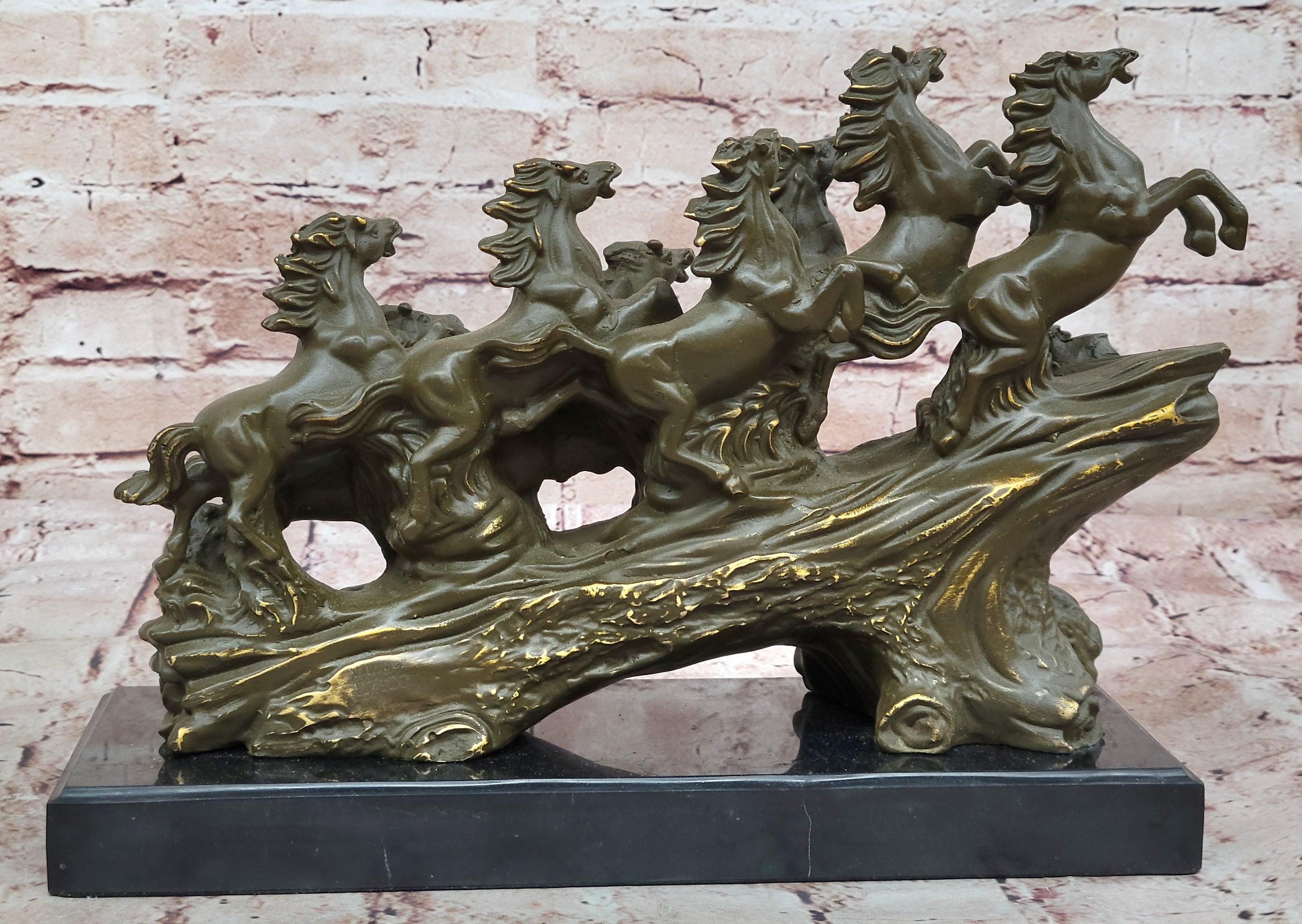 Eight Galloping Horses Bronze Sculpture Signed M. Lopez