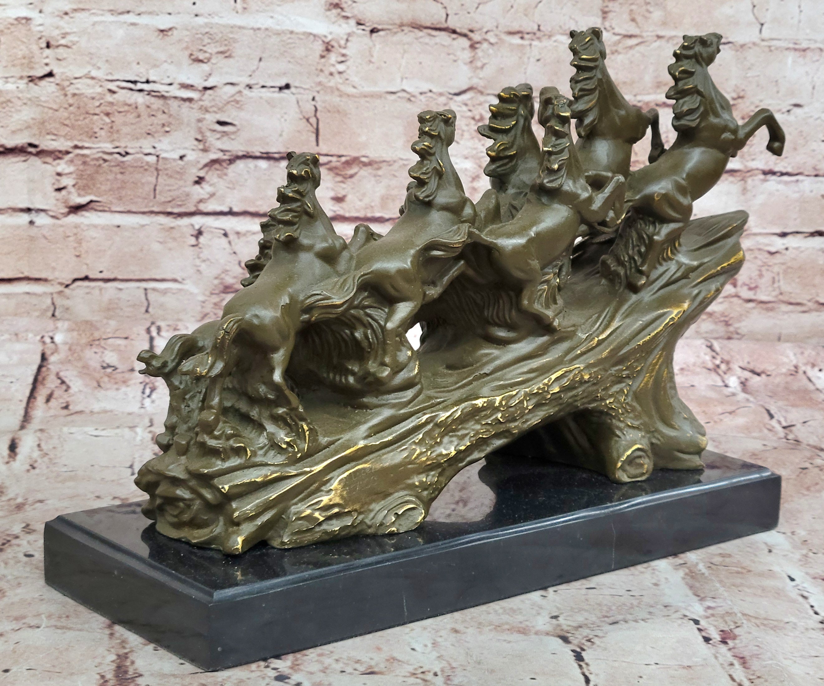 Eight Galloping Horses Bronze Sculpture Signed M. Lopez