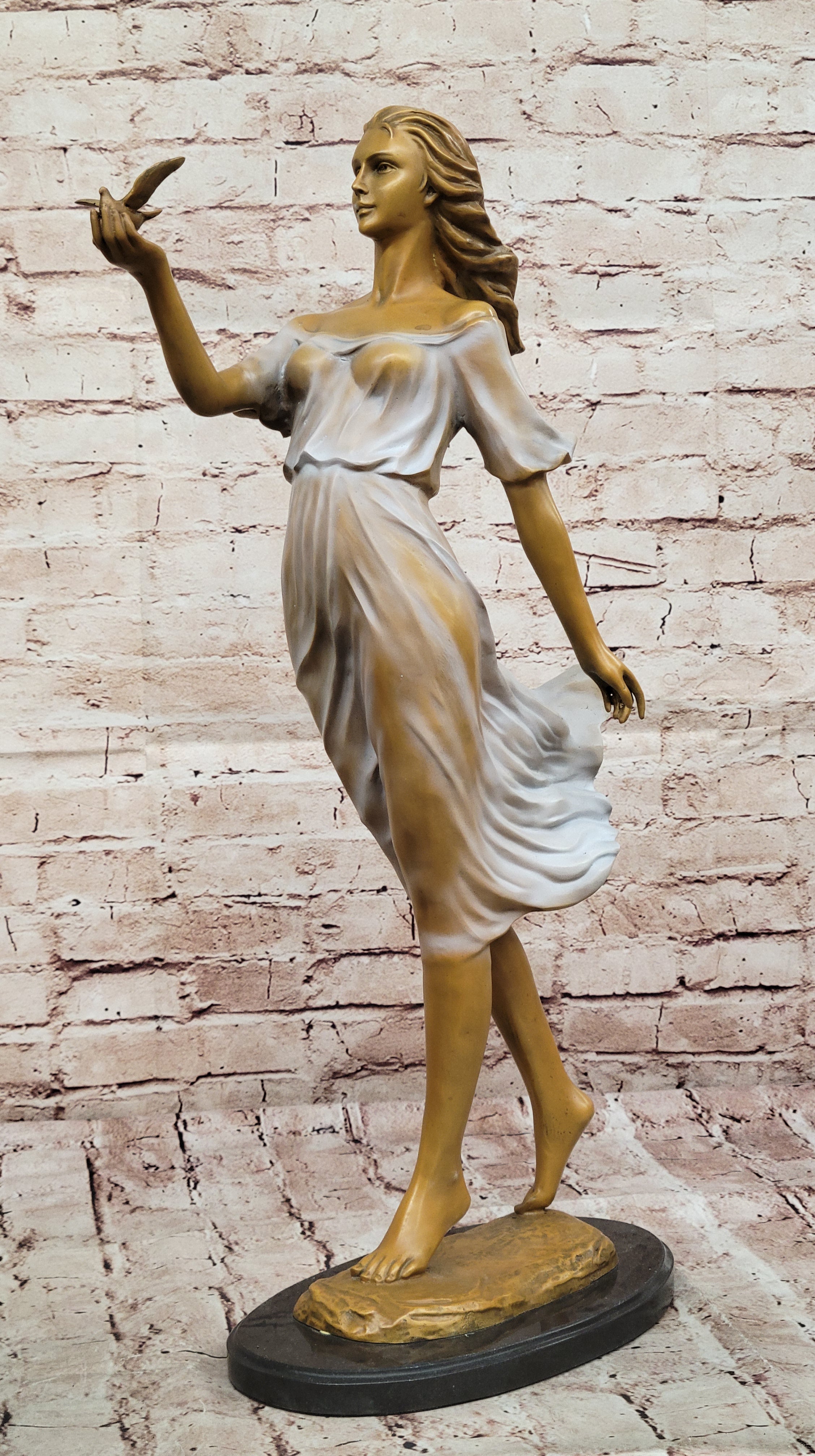 Bronze Woman with Bird - Flowing Dress