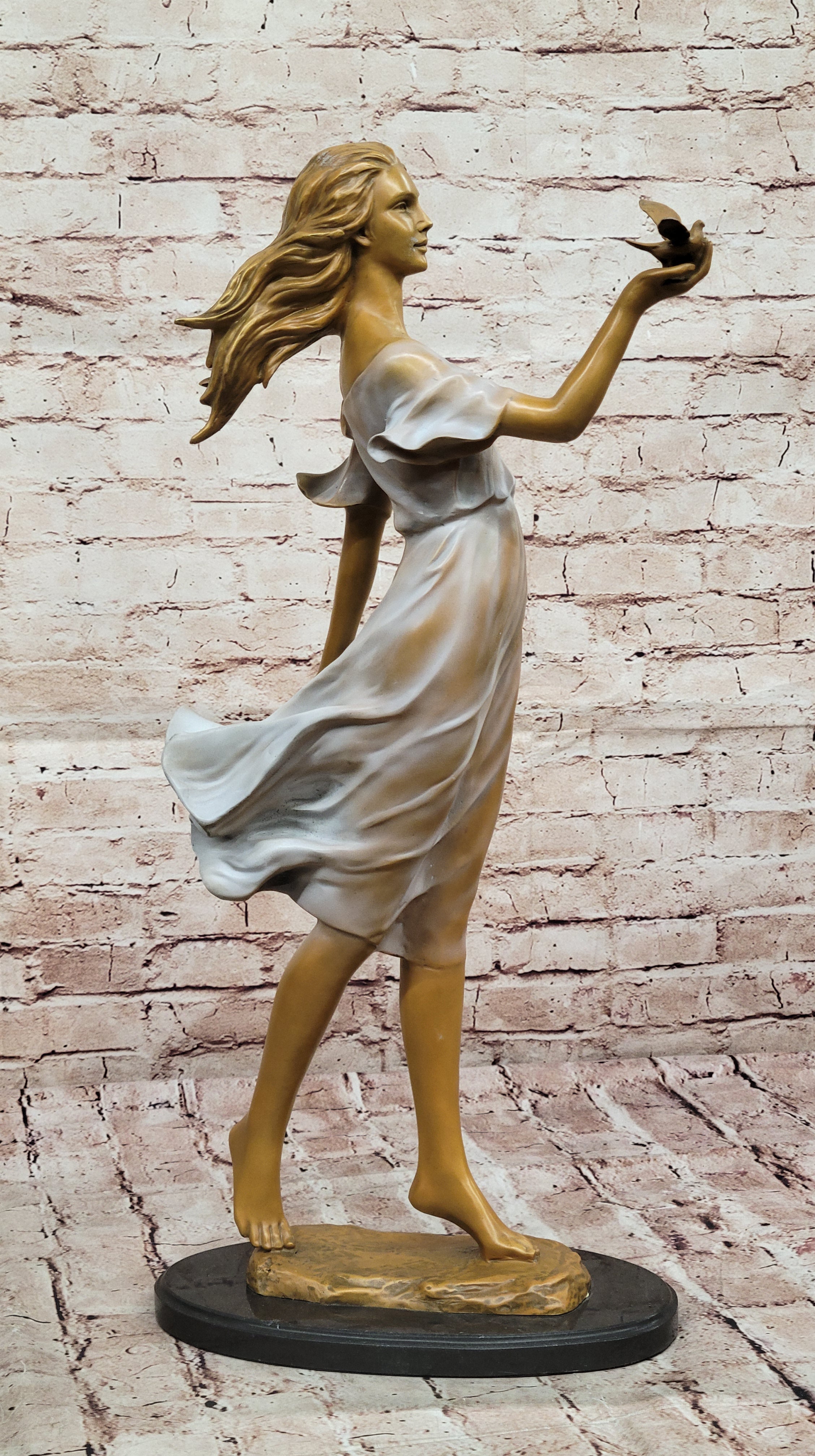 Bronze Woman with Bird - Flowing Dress