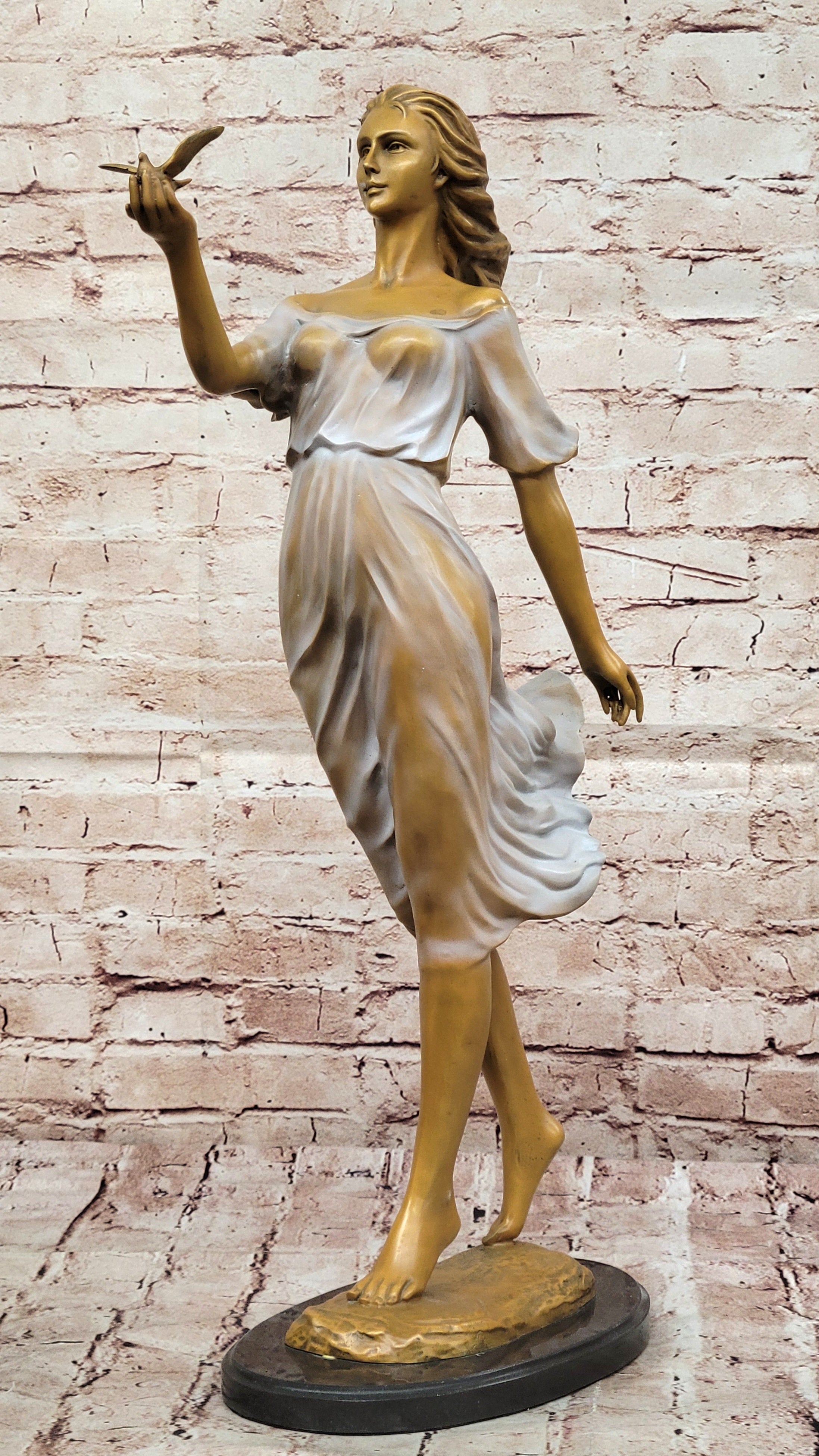 Bronze Woman with Bird - Flowing Dress