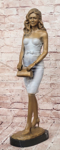 Hand Made Luo Li Rong Sophisticated Lady holding Purse Genuine Bronze Sculpture Figurine